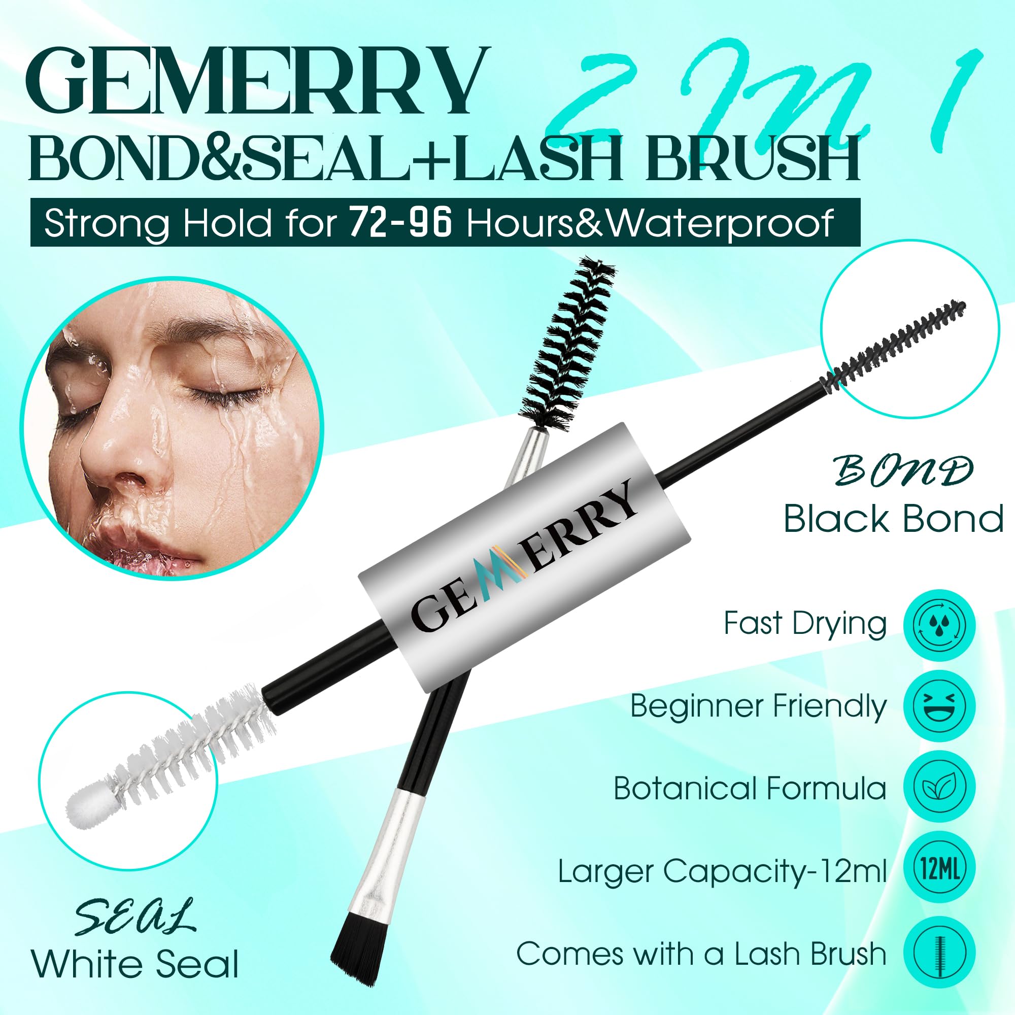 GEMERRY Waterproof Lash Bond & Seal Glue – 12ml Long-Lasting Eyelash Adhesive for Lash Clusters (72-96 Hour Hold) – Professional Strength DIY Eyelash Extension Glue for Home Use – Perfect for Parties, Weddings & Daily Wear
