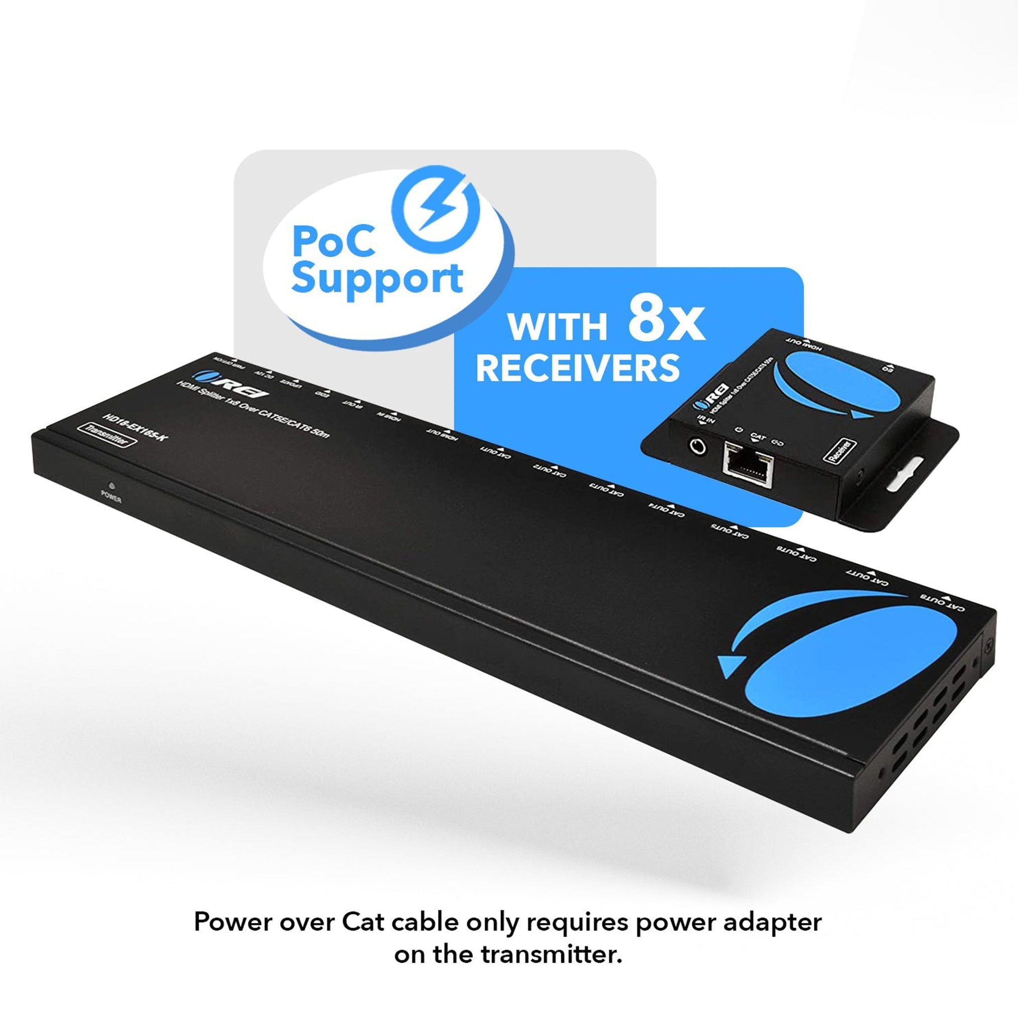 1x8 HDMI Extender Splitter Over CAT6/7 Cable - 165ft Range with Loop Out, IR Control & EDID (HD18 EX165 K) - Perfect for Home Theater, Conference Rooms & Multi-Display Setups