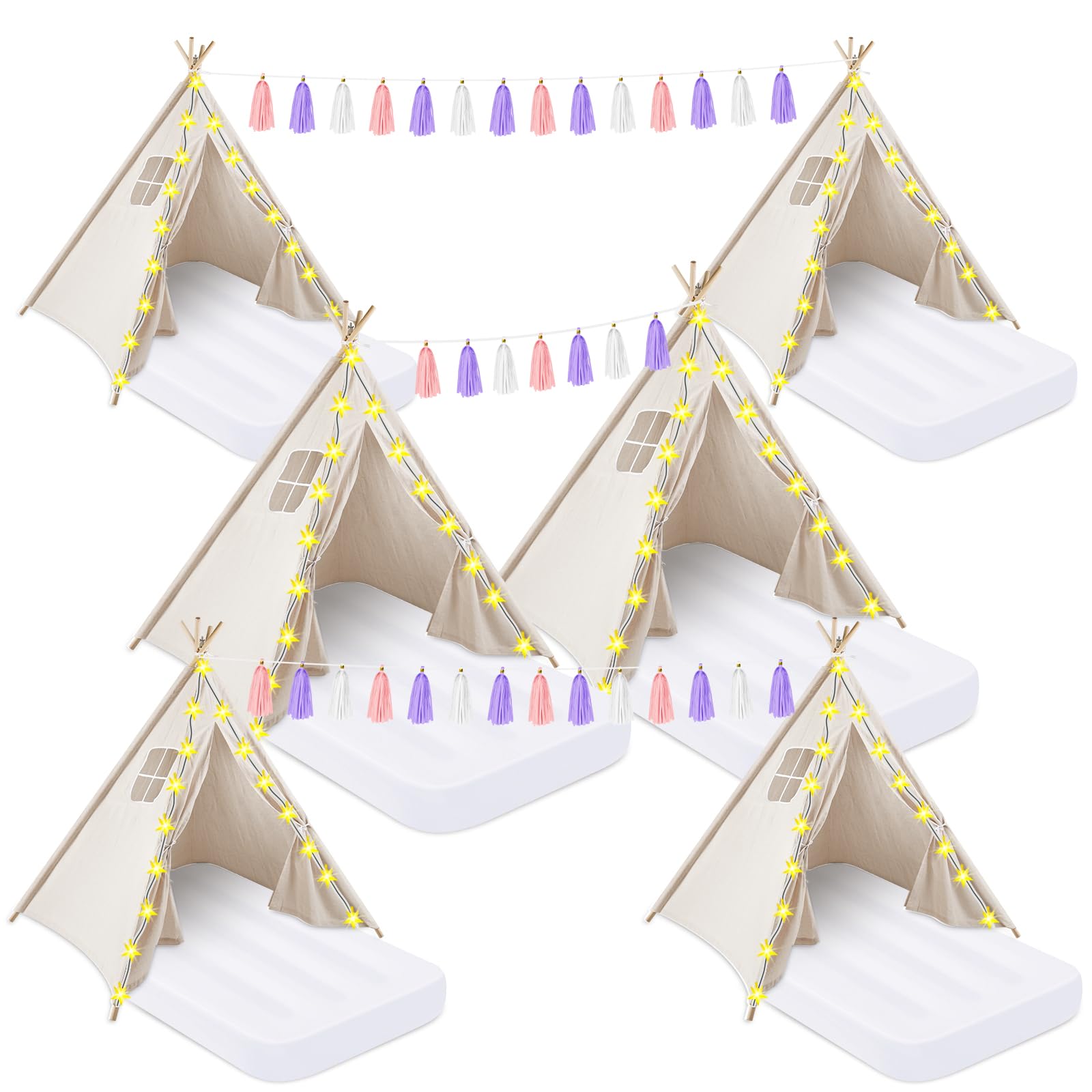 PLULON 6 Pack Kids Teepee Tent Set with Inflatable Airbed & Decorations - Play Tent for Girls Sleepover Party, Slumber Party, Indoor Camping - Perfect Christmas Birthday Gift for Toddlers & Children (White)