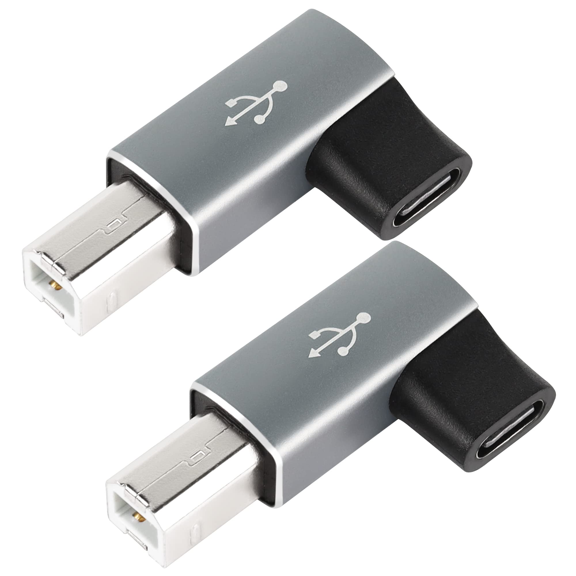 90 Degree USB C to MIDI Adapter - Type C Female to USB B Male Right Angle Converter (2PCS, Gray) - Compatible with Printers, MIDI Keyboards, Electric Pianos & Electronic Drums - Perfect for Music Production & Office Use