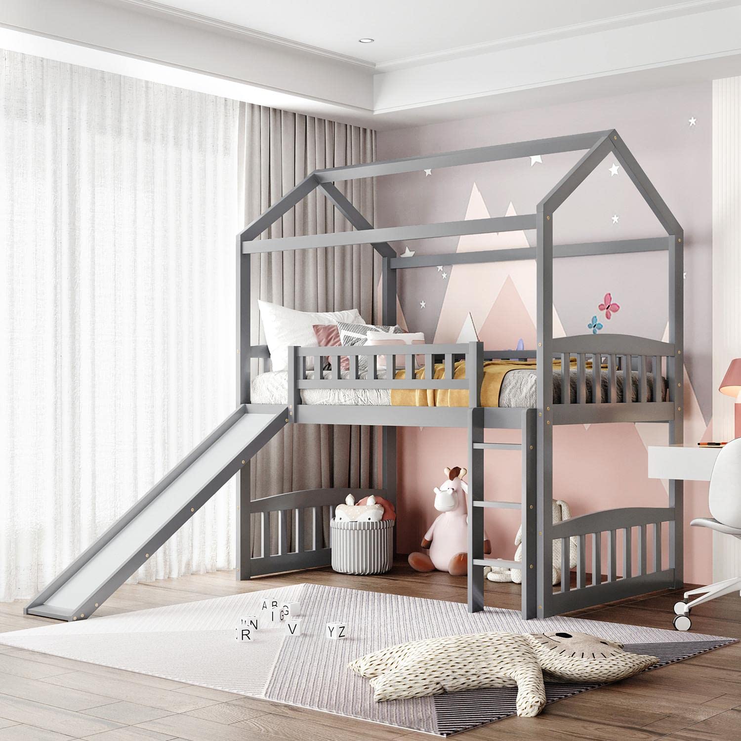 JINS&VICO Twin Loft Bed with Slide and Ladder - Wooden Playhouse Bed with Roof & Safety Guardrails for Kids - Space-Saving Bunk Bed (77.4