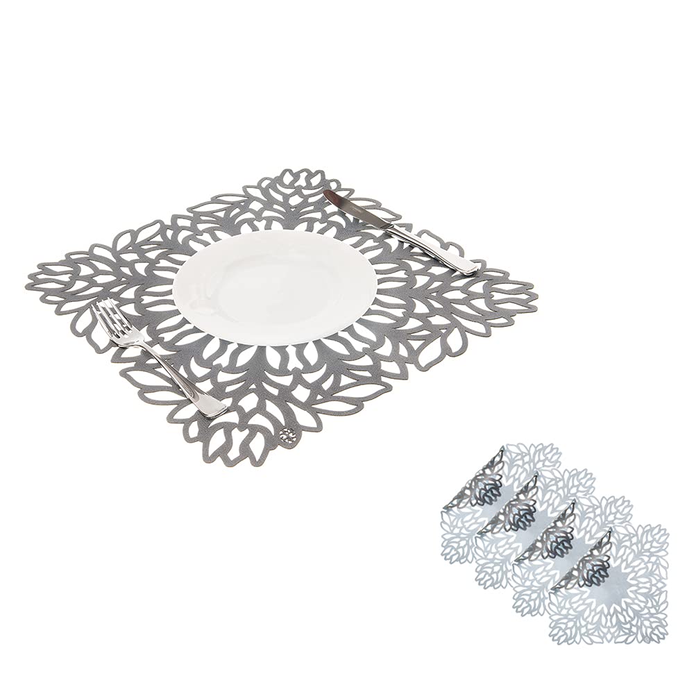 Mijal Gleiser Double Sided Heat Resistant Placemats - Non-Slip, Stain Resistant Table Mats Set of 4 (Sea Flower Collection Baby Blue & Lead Gray) - Perfect for Dining Tables, Kitchen Countertops, and Outdoor Picnics