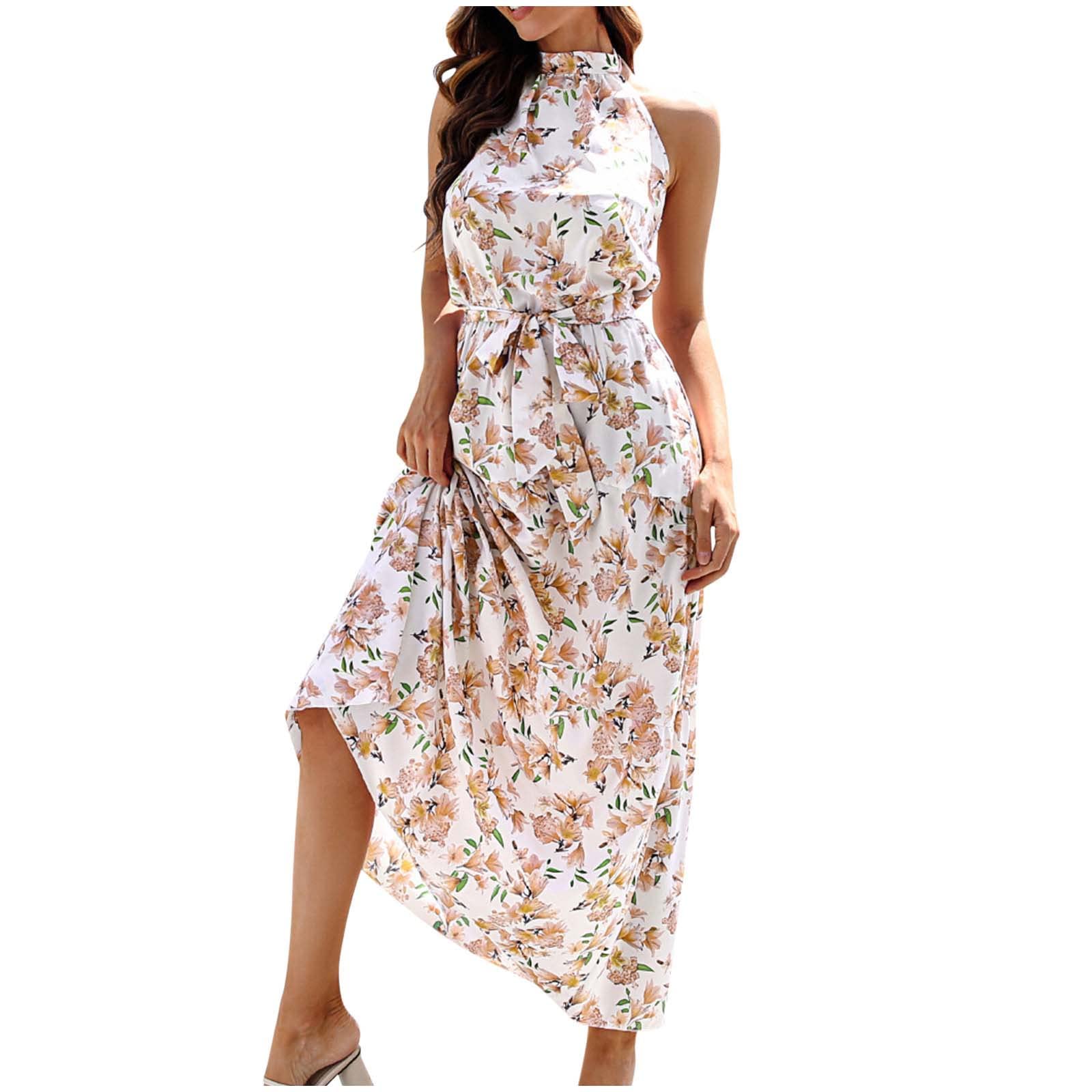 Women's Floral Summer Maxi Dress - Sleeveless Halter Neck Beach Sundress, Loose Flowy Swing Party Prom Long Dress with Belt - Perfect for Beach Vacations, Pool Parties & Summer Weddings