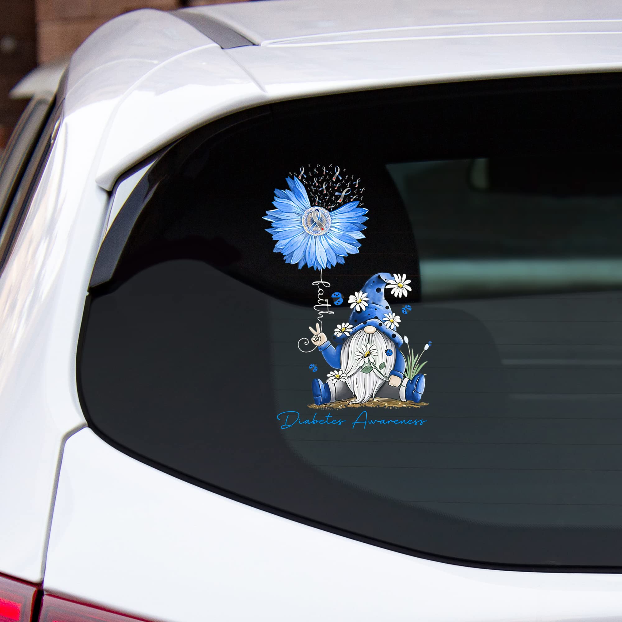 Diabetes Awareness Blue Daisy & Gnome Car Decal - Vinyl Transparent Bumper & Window Sticker (10x14 inches) - Perfect for Diabetes Survivor Gifts & Auto Decoration to Show Support