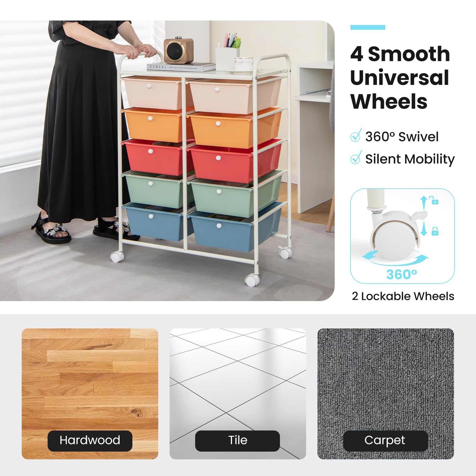 Giantex 10-Drawer Rolling Storage Cart with Wheels - Mobile Organizer for Classroom, Office, Home & School Supplies - Perfect for Teachers, Crafts, Art Paper & Tools - Multicolor - Ideal for Organizing Books, Stationery & DIY Projects