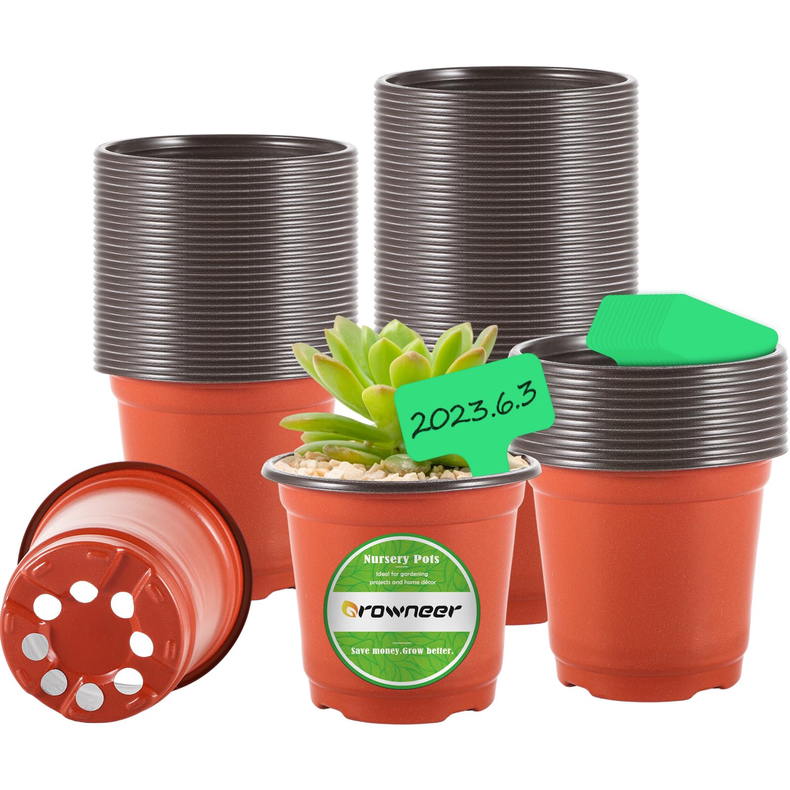 GROWNEER 4 Inch Plastic Plant Pots for Seedlings - 60 Pcs Nursery Pots with 15 Plant Labels - Small Flower Seed Starter Containers for Indoor Outdoor Gardening, Transplanting, Herbs, Succulents & Houseplants