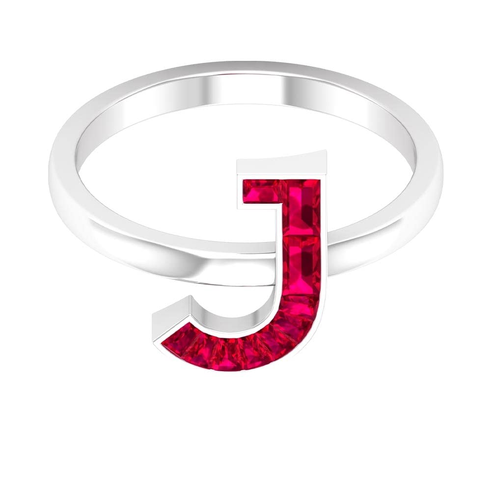 14K White Gold Alphabet Initial Rings A to Z - Lab Created Ruby, Baguette & Channel Set Letter Rings for Women | Personalized Name Jewelry, Birthday Gift, Anniversary Present, Everyday Fashion Accessory