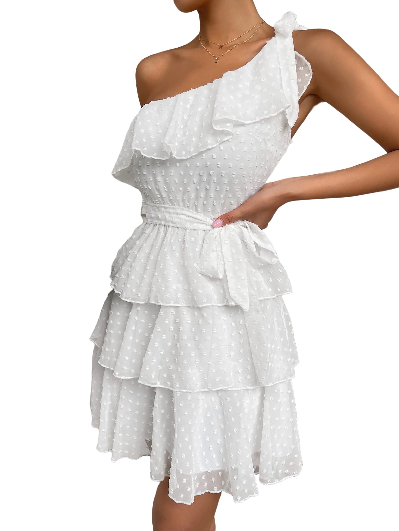 WDIRARA Women's Elegant One Shoulder Tie Side Sleeveless Ruffle Belted Dress for Party, Wedding & Special Occasions