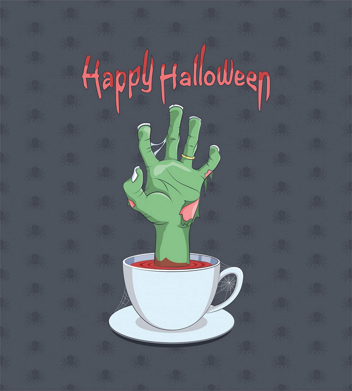Ambesonne Halloween Duvet Cover Set - Zombie Hand in Bloody Tea Cup with Happy Halloween Lettering & Spiders, 3-Piece Queen Size Bedding Set with 2 Pillow Shams in Grey Pale Rust Green | Spooky Bedroom Decor for Halloween Parties & Themed Rooms