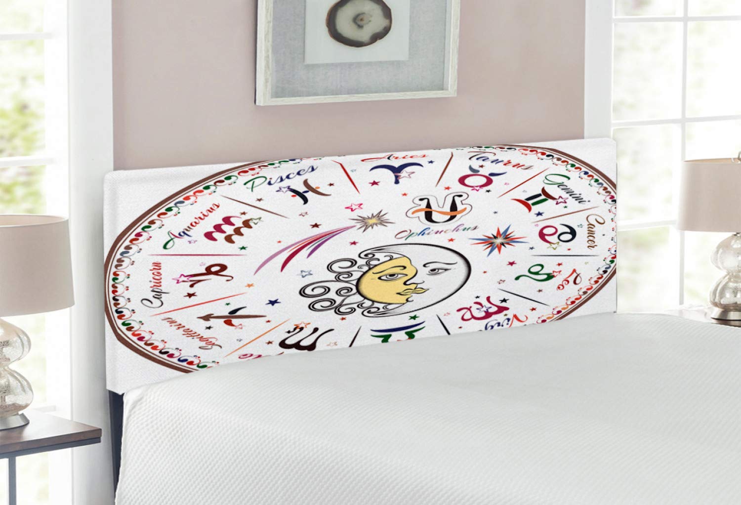 Ambesonne Zodiac Upholstered Headboard - Colorful Astrology Map with Sun & Moon Design, Memory Foam Decorative Metal Bed Frame for Full Size Beds | Perfect for Astrology Lovers' Bedroom Decor & Celestial-Themed Home Interiors
