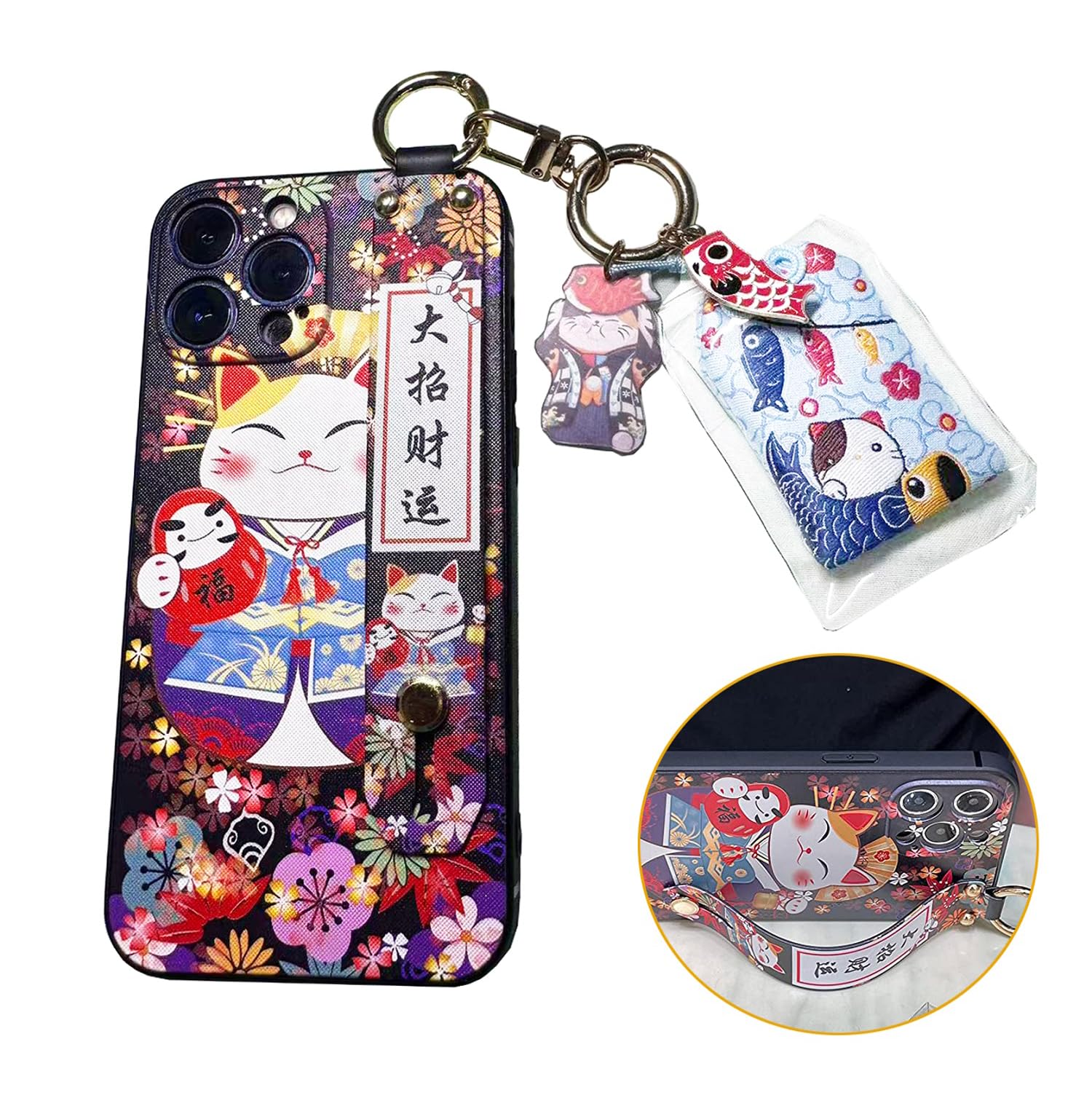 Luxury Cute Japanese Lucky Cat Glitter Soft Silicone Phone Case for iPhone 12 Pro Max (6.7 inch) with Wrist Strap & Phone Lanyard - Black | Perfect for Daily Use, Travel & Gift Giving