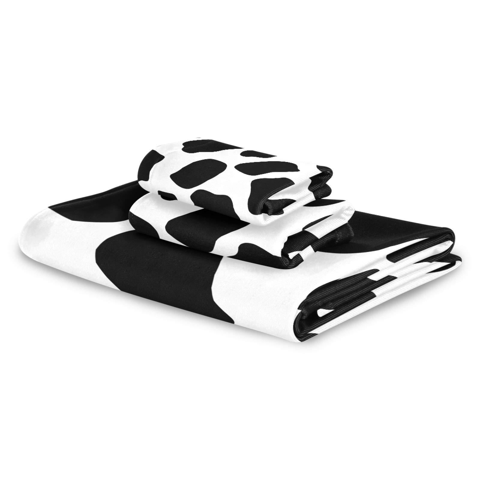 ALAZA Black and White Cow Print Bath Towel Set - 1 Bath Towel, 1 Hand Towel, 1 Washcloth | Ultra Soft Luxury Cotton Towels for Bathroom, Kitchen, Spa & Beach | Decorative Farmhouse Style Towel Set for Home & Travel