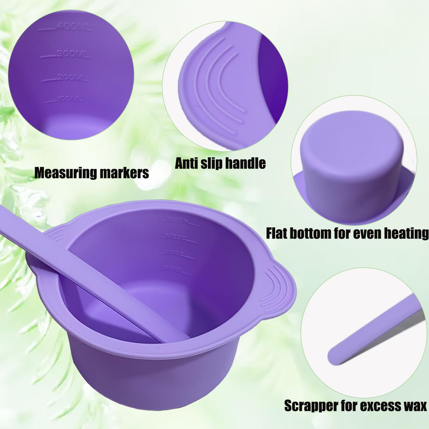 Non-Stick Silicone Wax Warmer Liner & Bowl for Hair Removal - Reusable Wax Melt Pot Replacement with 2 Spatula Sticks (Pink/Purple) - Perfect for Home Waxing, Salon Use & DIY Hair Removal