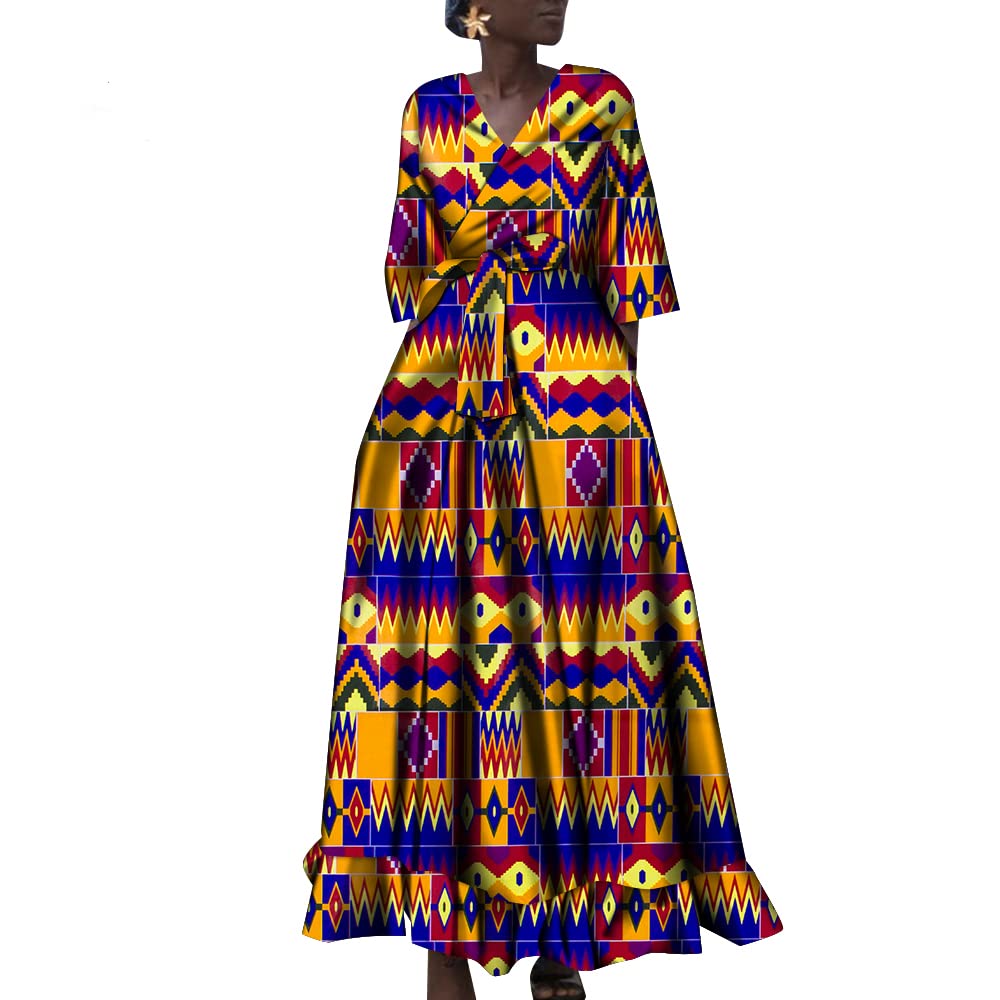 BAZINRICHE African Print Dresses for Women - Long V Neck Ankara Half Sleeve High Waist Maxi Dress | Perfect for Weddings, Parties & Cultural Events