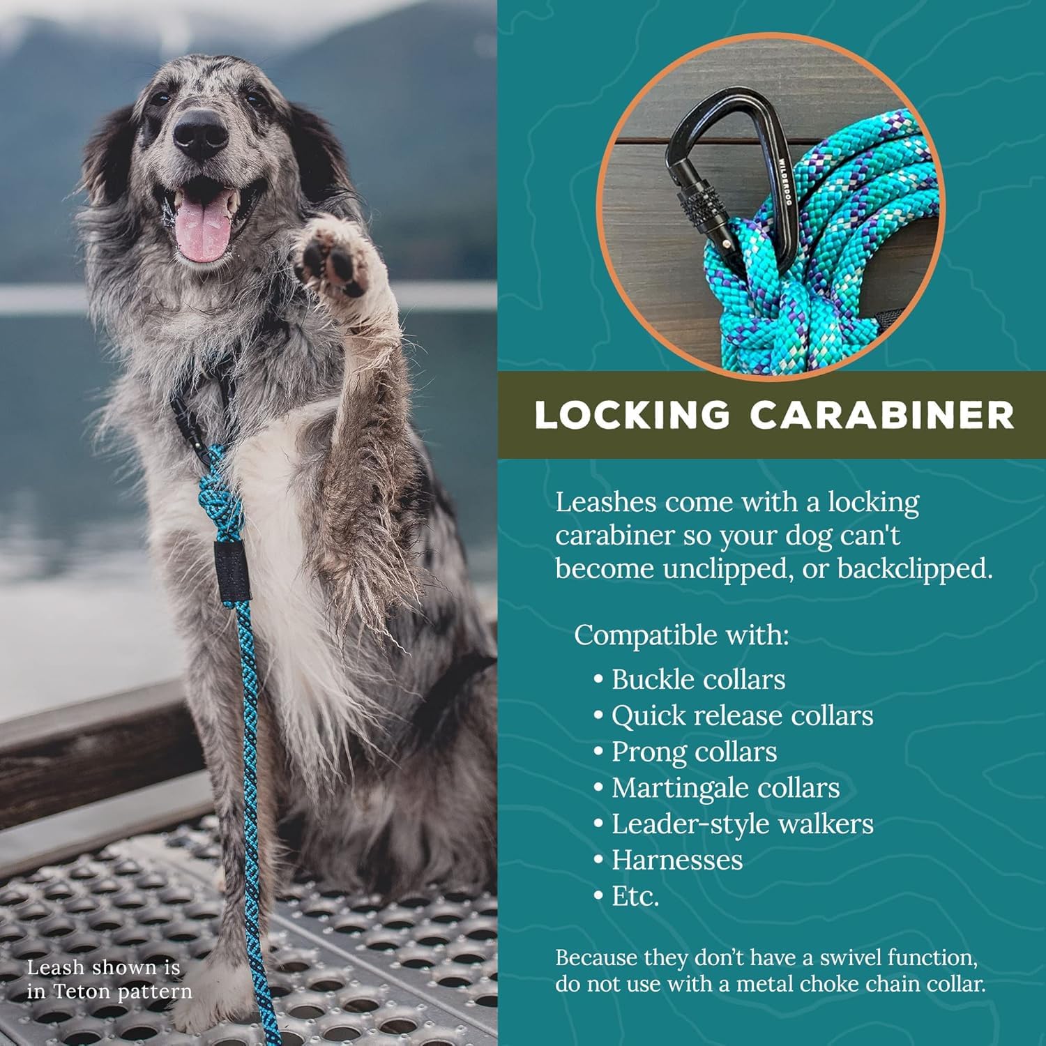 Wilderdog Heavy Duty Carabiner Climbing Rope Dog Leash - 5ft Durable Leash for Medium & Large Dogs - Islander Color - Perfect for Hiking, Camping & Outdoor Adventures with Your Pet