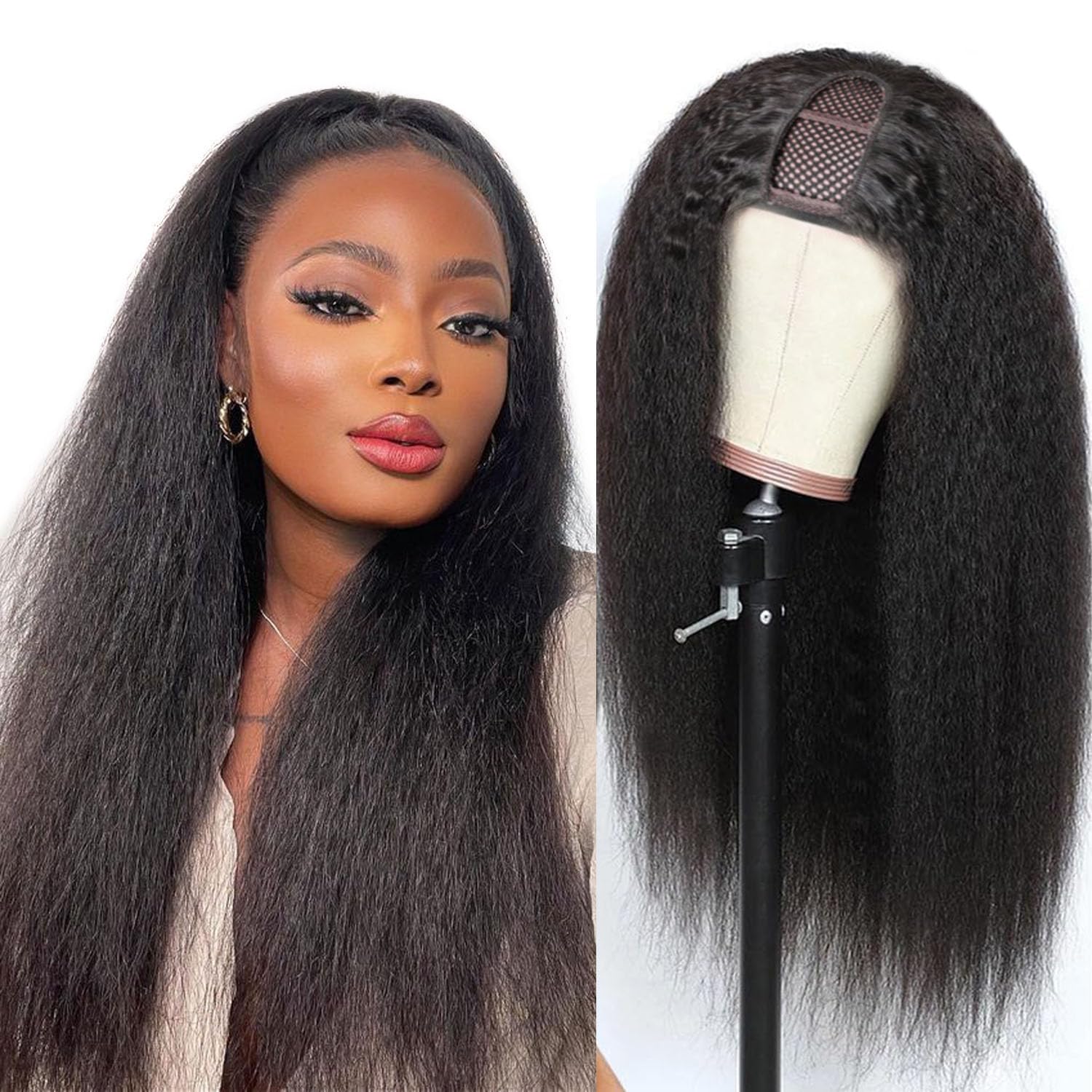 Selina 30 Inch U Part Wigs Human Hair - Kinky Straight Yaki Remy Human Hair Wig for Women | Afro Kinky Straight Glueless U Part Wig | Perfect for Daily Wear, Parties & Protective Styling