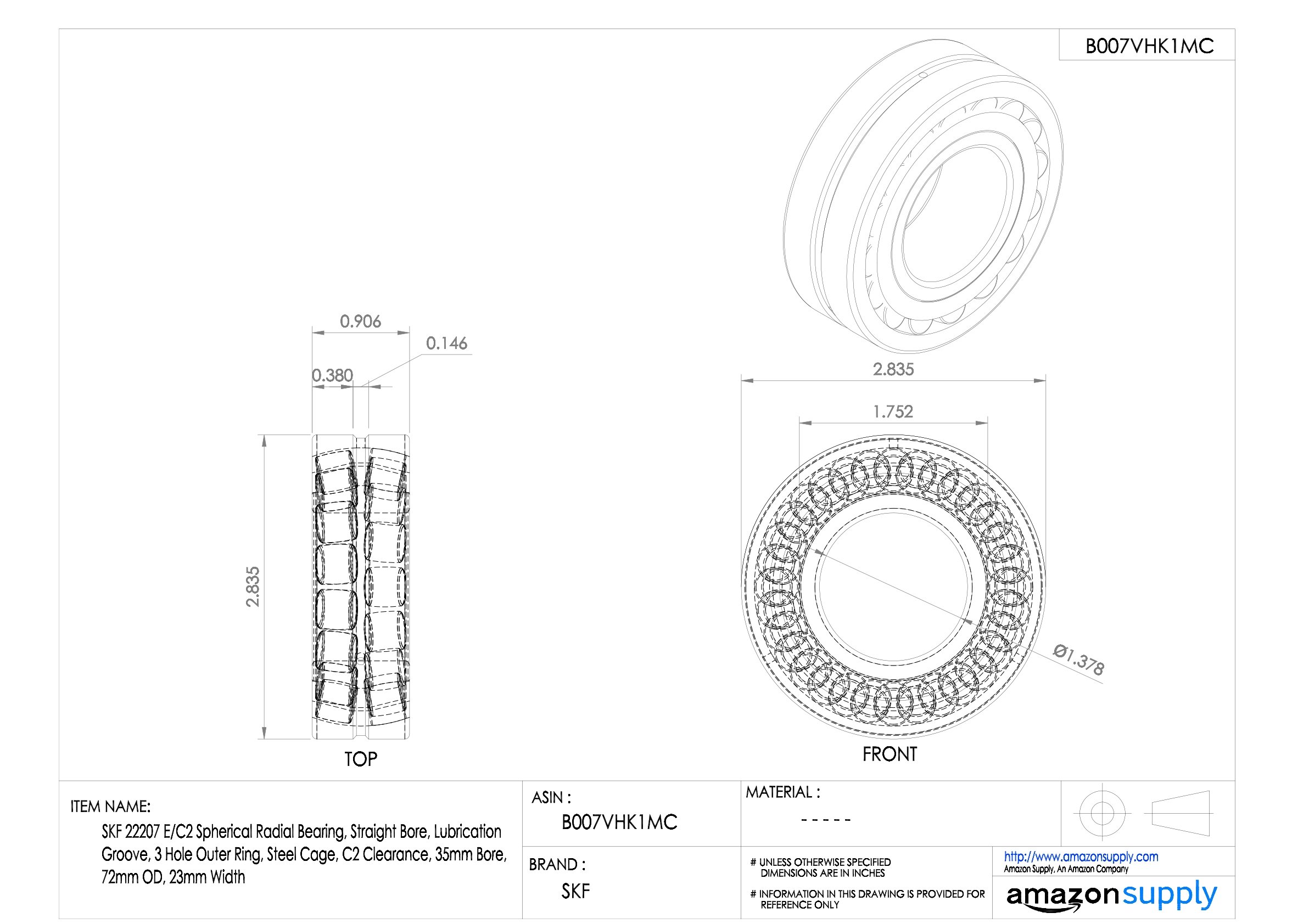 SKF 22308 E/C2 Spherical Radial Bearing - Straight Bore, Lubrication Groove, 3 Hole Outer Ring, Steel Cage, C2 Clearance, 40mm Bore, 90mm OD, 33mm Width - Ideal for Heavy-Duty Industrial Machinery, Agricultural Equipment, and Automotive Applications