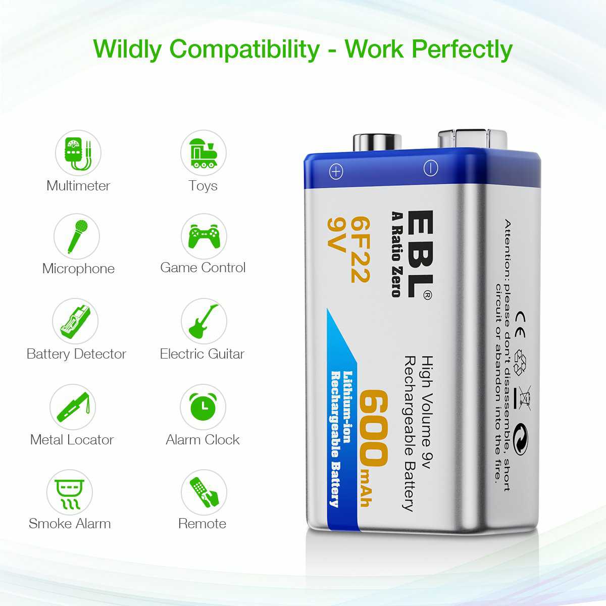 EBL 9V Lithium Ion Rechargeable Battery 600mAh - Long Lasting Power for Smoke Detectors, Guitar Pedals & Electronic Devices