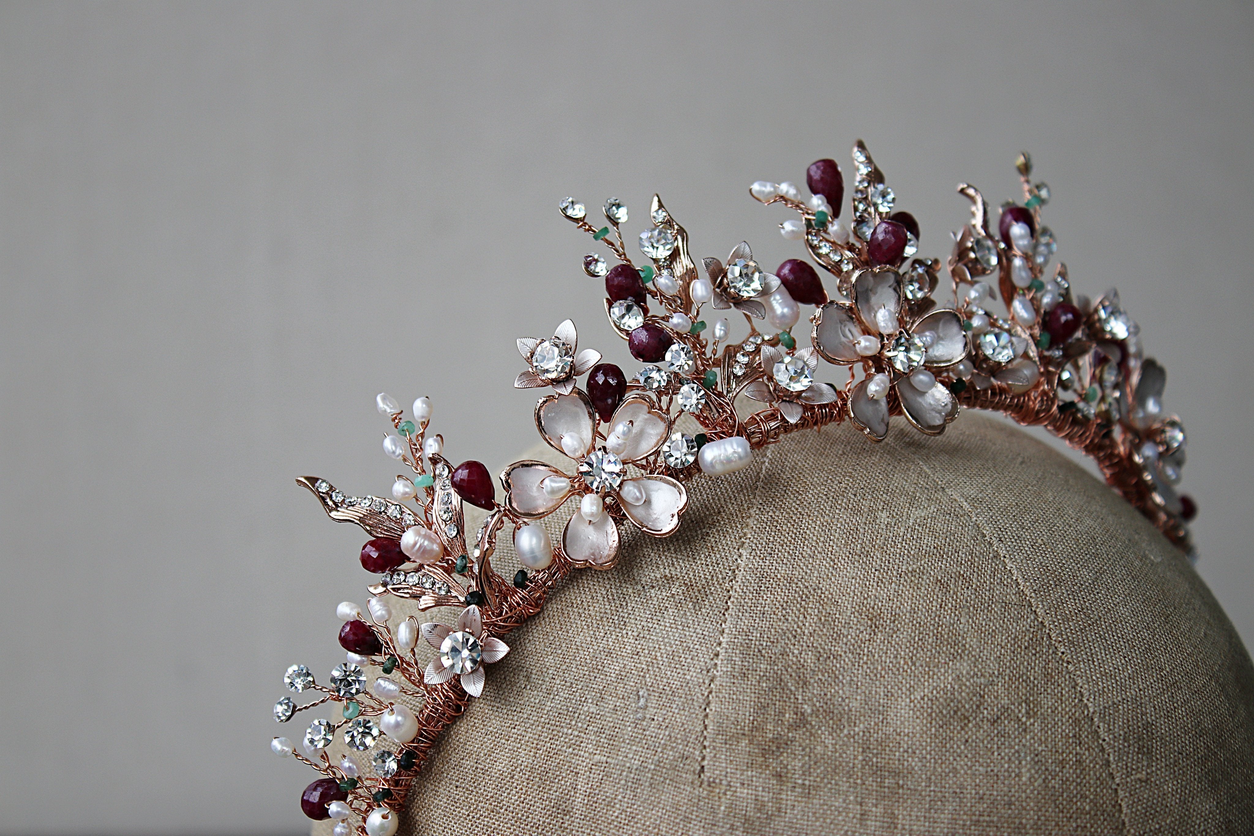 GENEVIEVE Elegant Tiara with Genuine Ruby & Emerald Briolettes – Perfect for Weddings, Prom & Royal-Themed Events