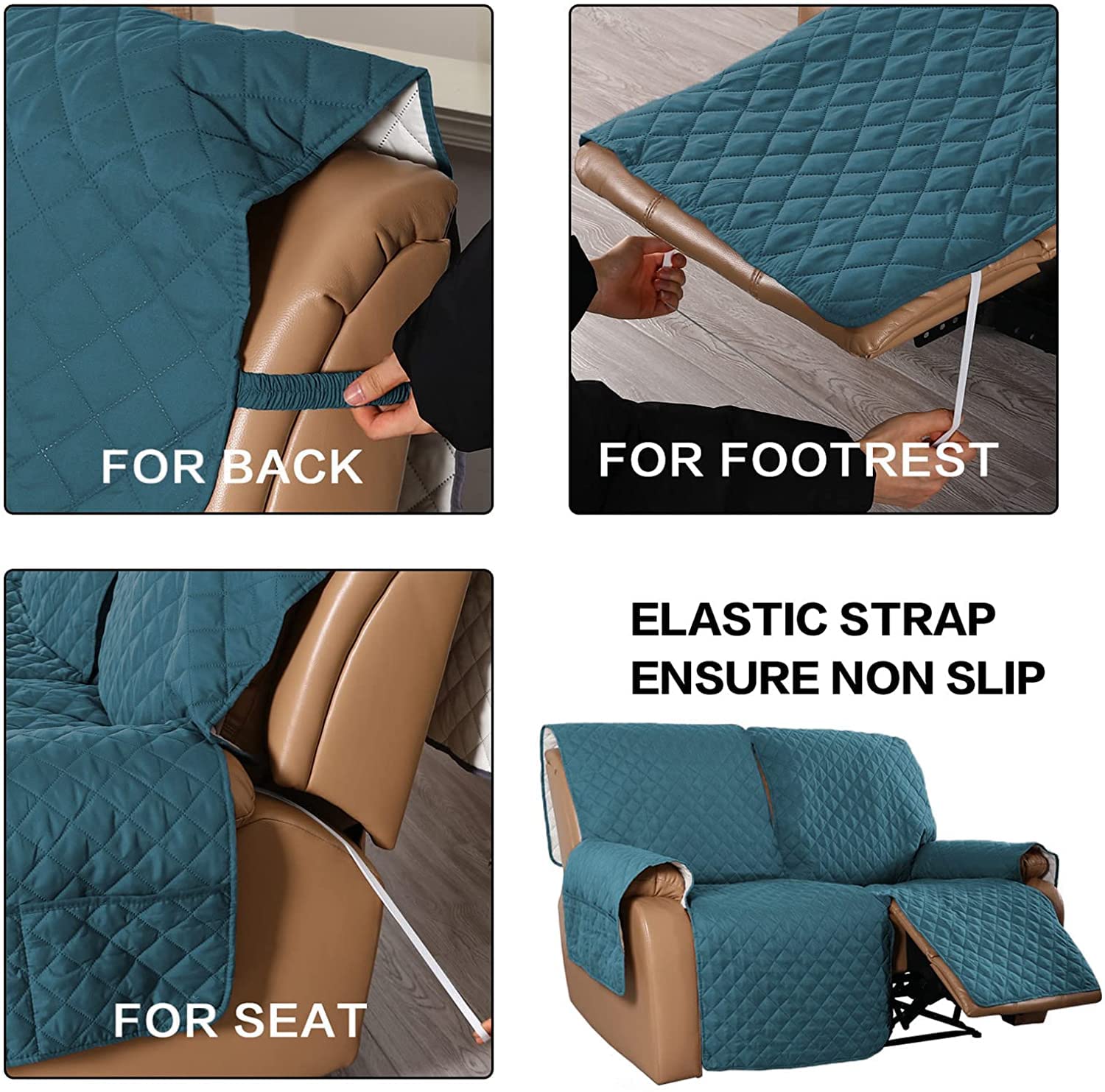 Anti-Slip Recliner Sofa Cover - Water Repellent 2/3 Seat Couch Slipcover for Reclining Couches, Quilted Pet & Dog Furniture Protector (Dark Blue, 2-Seater) - Perfect for Living Room, Family Room & Home Theater