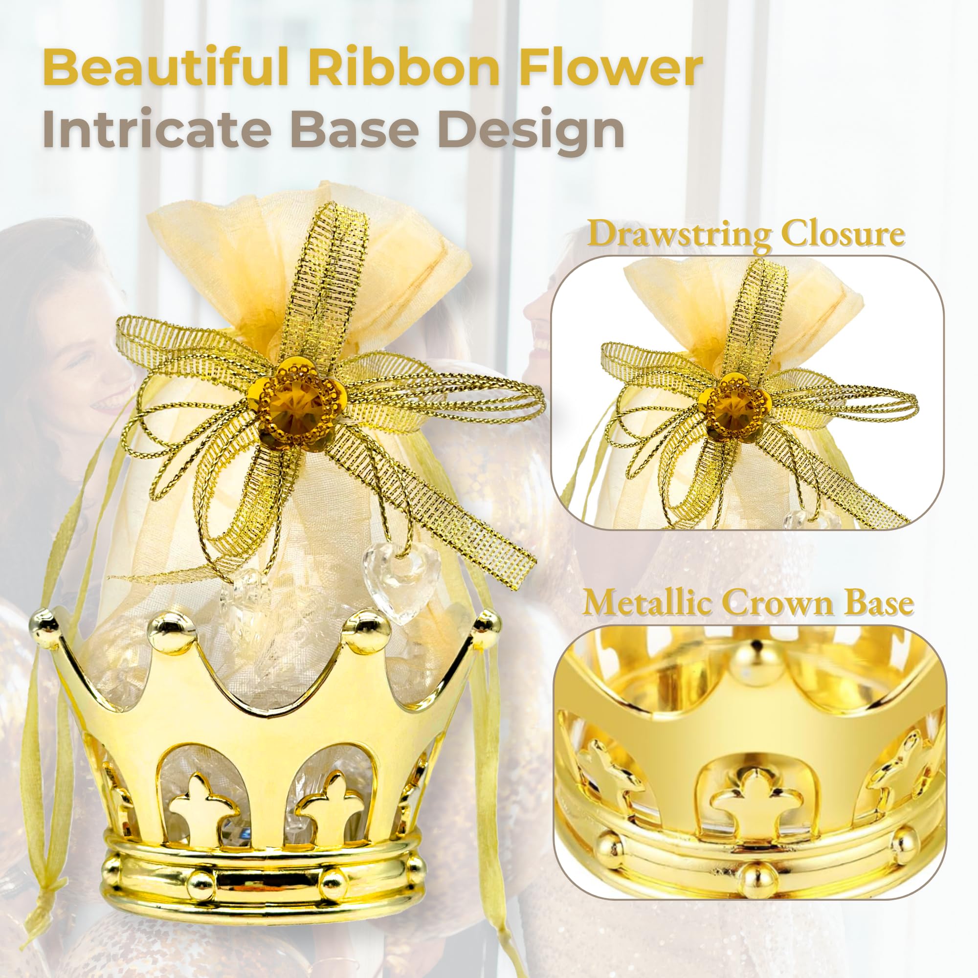 JC Hummingbird 48-Piece Gold Crown Fillable Pouches - Perfect for Candies, Table Decorations, Party Favors, Baby Showers & Keepsakes | Elegant Wedding, Birthday, Bridal Shower & Holiday Party Decor