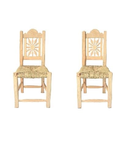 Handmade Mexican Wooden Chair Set of 2 - Natural Palm or Tule Sol Fiber Woven - Artisan Crafted in Jalisco - Perfect for Restaurant, Home, Bar, Hotel, Garden, Coffee Shop, Tequila Lounge - Rustic Dining & Outdoor Seating Decor