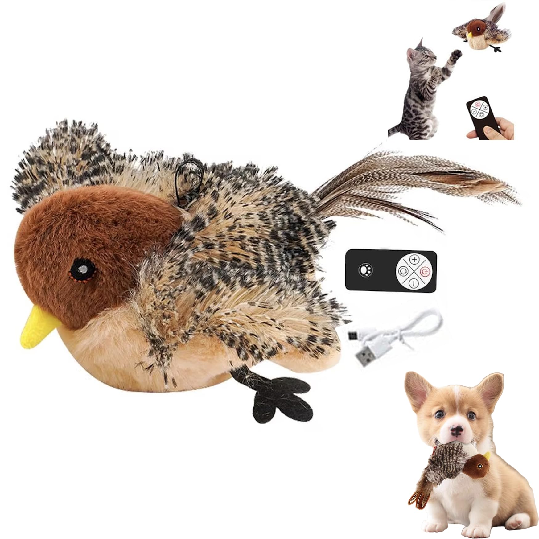 Realistic Rechargeable Interactive Cat Toy - Flappy Bird with Touch Activation & Chirping Sounds for Kittens - Exercise & Play with Moving Sparrow & Catnip - Perfect for Indoor Cats & Playtime Fun