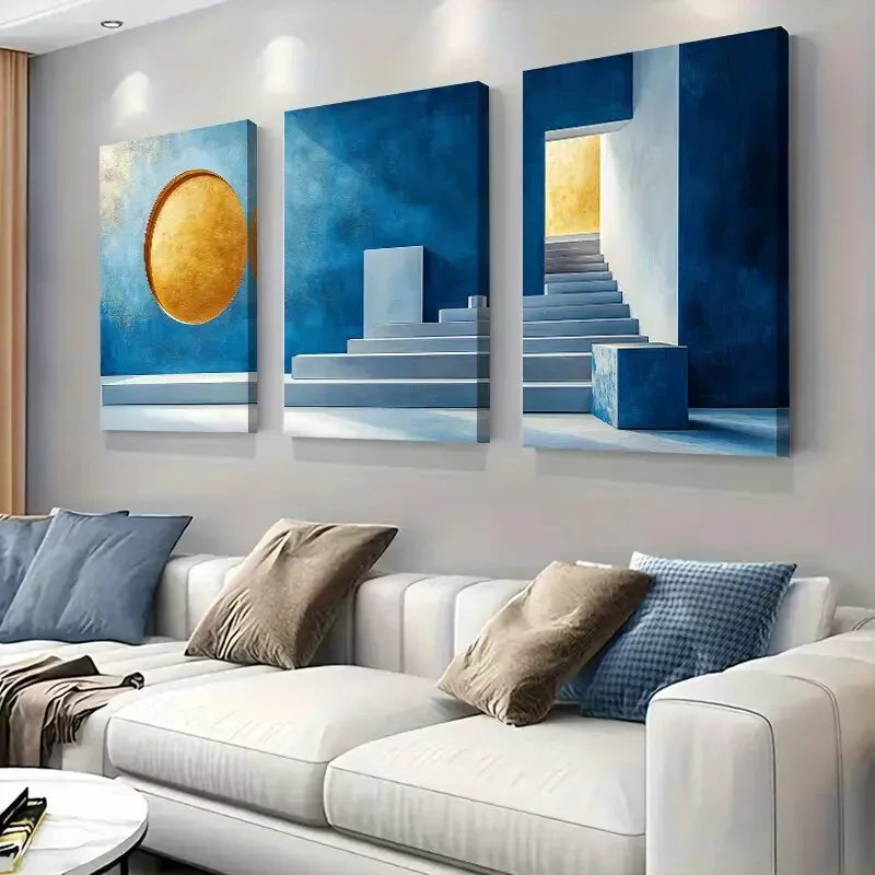 3-Piece Blue & Golden Abstract Space Themed Wall Art Set - Framed Canvas 50x70cm (20x28in) - High Quality Print, 100% Australian Made, Ready to Hang - Perfect for Living Room, Bedroom & Office Decor