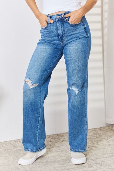 Judy Blue Women's High Waist Distressed Straight Leg Jeans - Comfortable Stretch Denim Pants for Casual Wear & Everyday Outfits