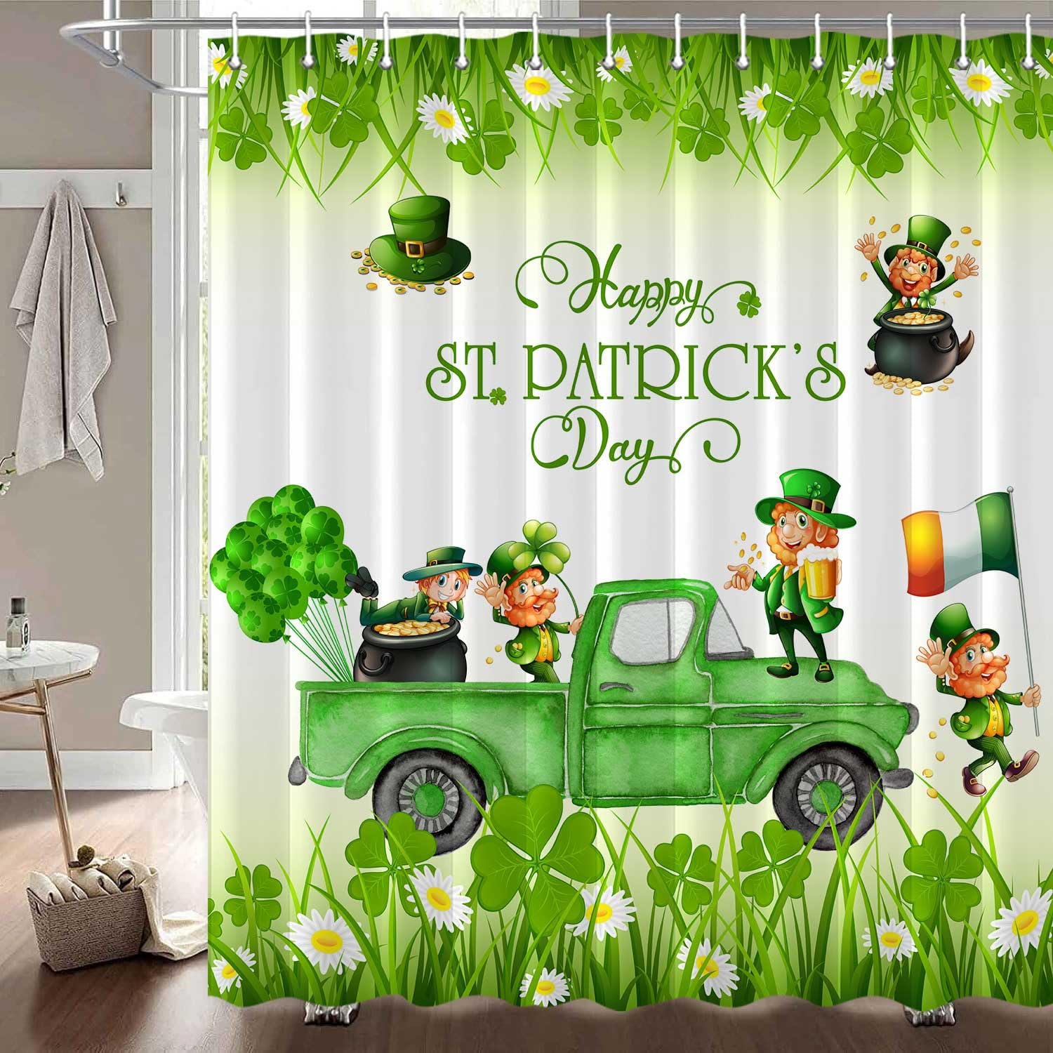 JAWO St. Patrick's Day Shower Curtain - Green Clover Shamrock Design with Golden Coins & Irish Gnome Elf - 72x72 Inches Waterproof Bathroom Decor for Irish Theme Party, Spring Home Decor & Holiday Celebration