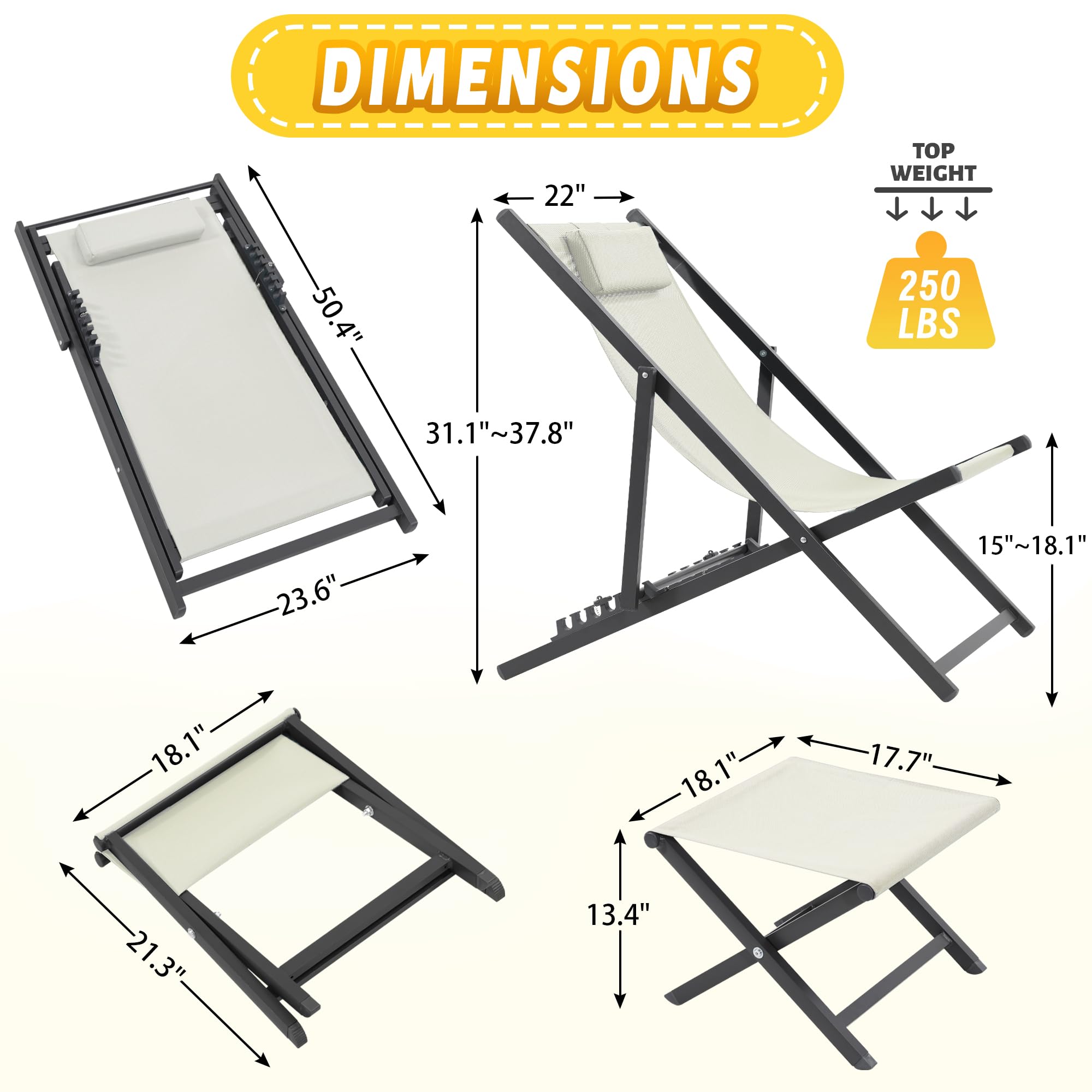 Set of 2 Outdoor Patio Sling Chairs with Matching Ottomans - Lightweight Foldable Aluminum Frame - Perfect for Deck, Poolside or Beach Relaxation - Beige - Ideal for Backyard, Garden and Vacation Homes