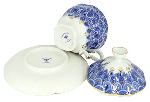 Lomonosov Porcelain Tea Cup and Saucer Set - 8.45 oz (250 ml) Hand-Painted Forget-Me-Not Floral Design - Elegant Russian Tea Set for Afternoon Tea, Gift Giving & Home Decor