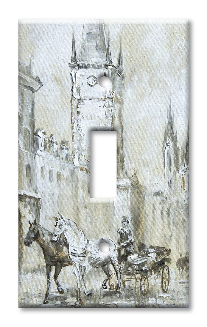 Oversized 1-Gang Toggle Switch Plate Cover - Decorative Metal Wall Plate with Horse Drawn Carriage in London Design - Made in USA - Perfect for Living Room, Bedroom & Office Decor