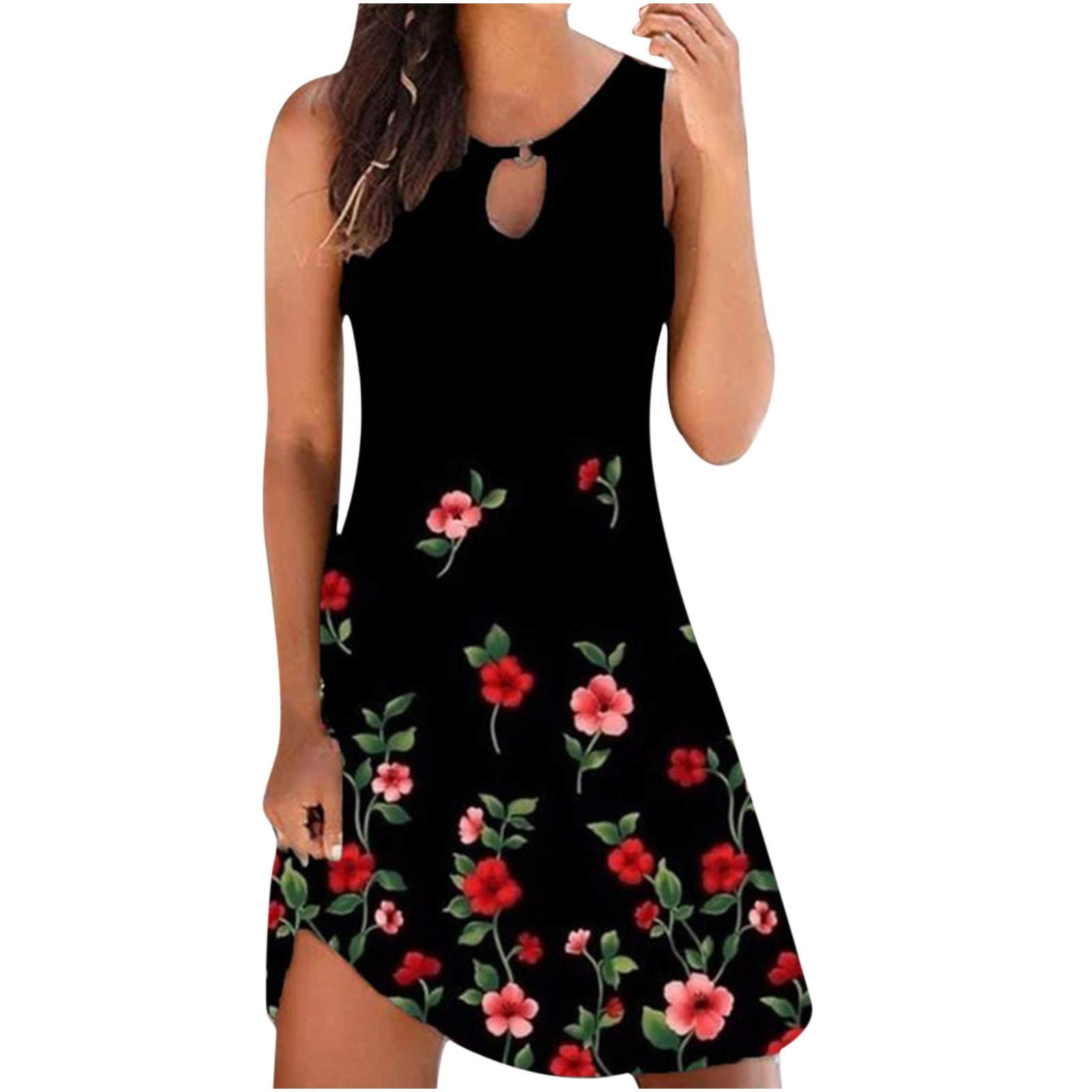 Weiheng Women's Floral Print Summer Mini Dress - Sexy Sleeveless Asymmetrical Tank Dress with Hollow Out Design for Casual Wear | Perfect for Beach Vacation, Date Night & Summer Outings