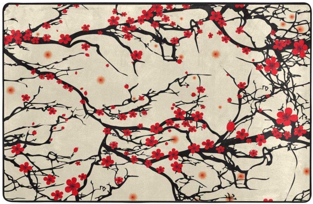 Japanese Cherry Blossom Area Rug 5x6 ft - Soft Washable Non-Slip Floor Carpet for Living Room, Bedroom, Kitchen & Home Office | Spring Floral Decor for Cozy Home & Zen Interior Design