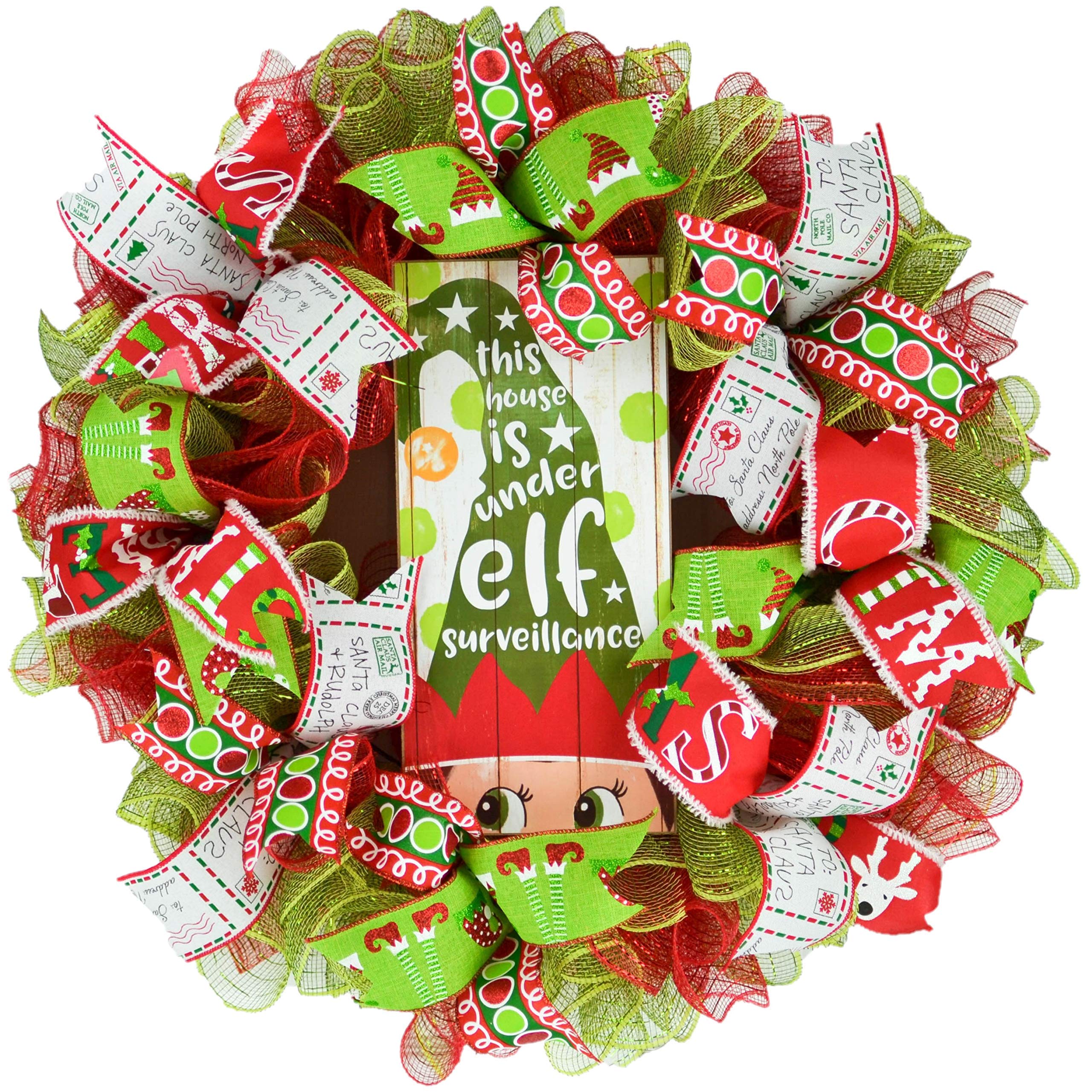 Elf Surveillance Wreath - Christmas Mesh Door Decor for Holiday Home Decoration - Red, White & Lime Green Festive Ornament - Perfect for Front Door, Porch & Indoor Christmas Decorating