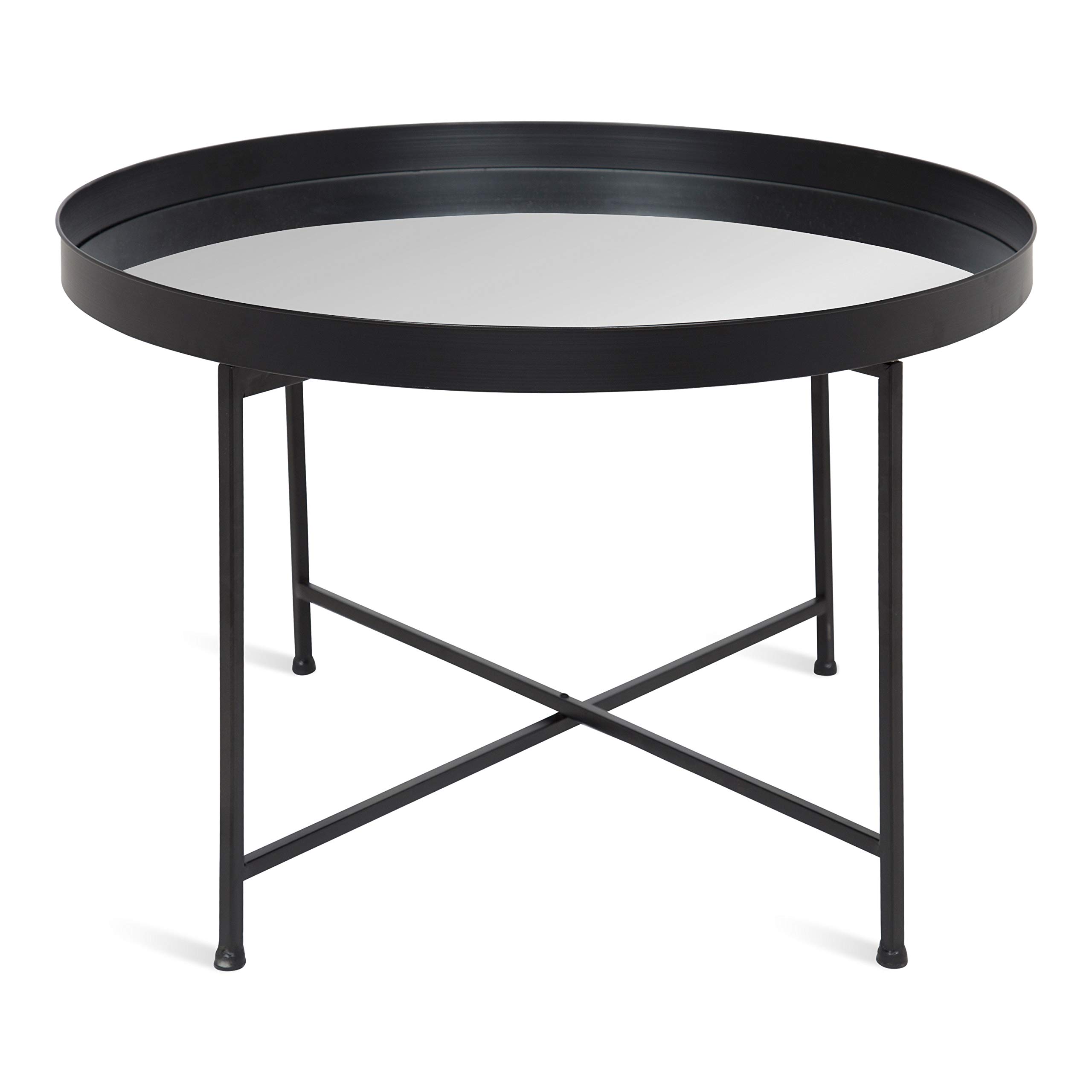 Black Round Metal Foldable Coffee Table with Mirrored Tray - Perfect for Small Spaces