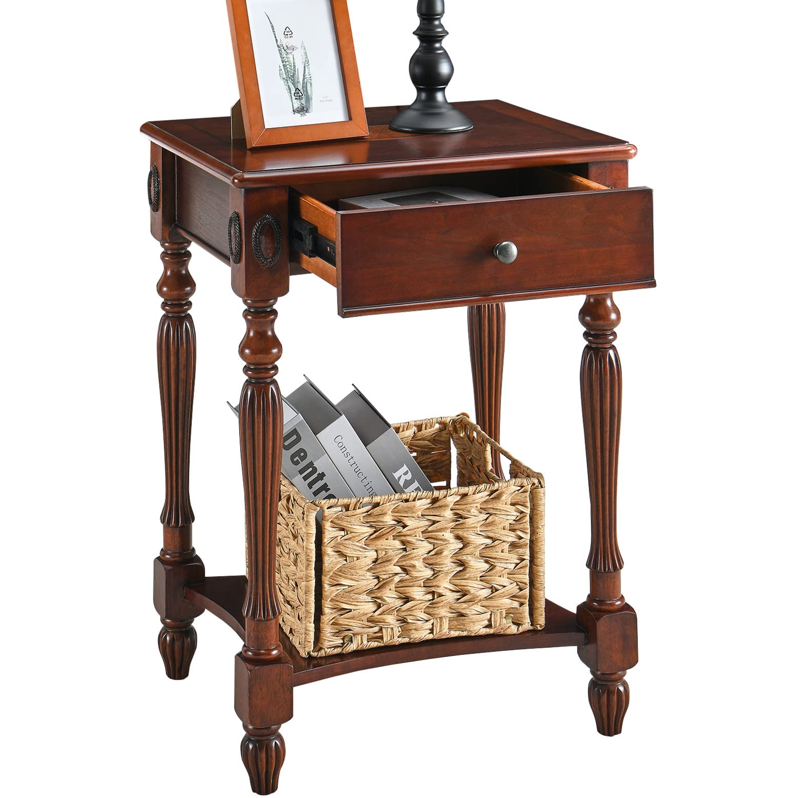 Solid Wood Side Table with Drawer & Storage Shelf - Traditional Walnut End Table, Narrow Telephone Stand, Nightstand & Sofa Table for Living Room, Bedroom & Office - Perfect for Small Spaces & Home Decor (GBJ1533WD)