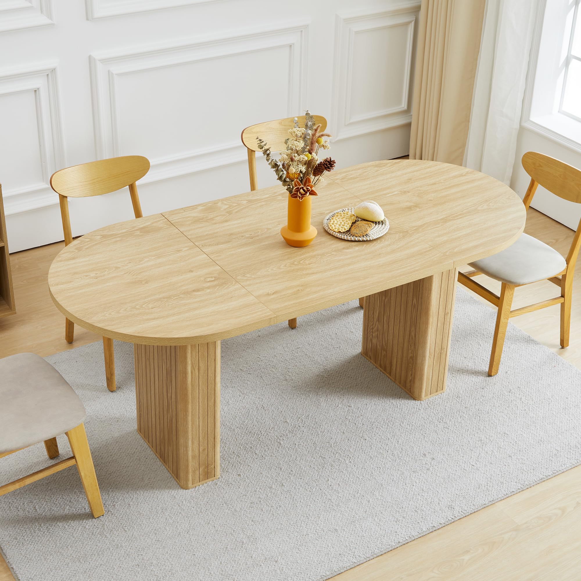 70.8 Inch Oval Dining Table for 4-6 People, Modern Farmhouse Kitchen Table with Wood Strip Base, Large Round Dining Room Table for Kitchen & Living Room - Natural Wood Finish | Perfect for Family Gatherings, Dinner Parties & Small Space Dining Areas