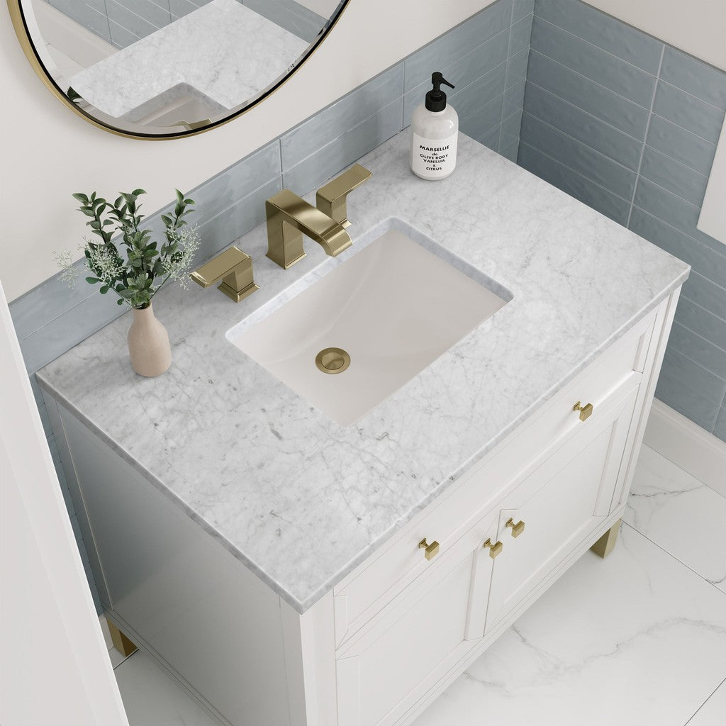 James Martin Vanities Chicago Collection 36 Inch Single Bathroom Vanity in Glossy White with Marble Countertop - Modern Bathroom Furniture for Small Spaces, Perfect for Apartments and Guest Bathrooms