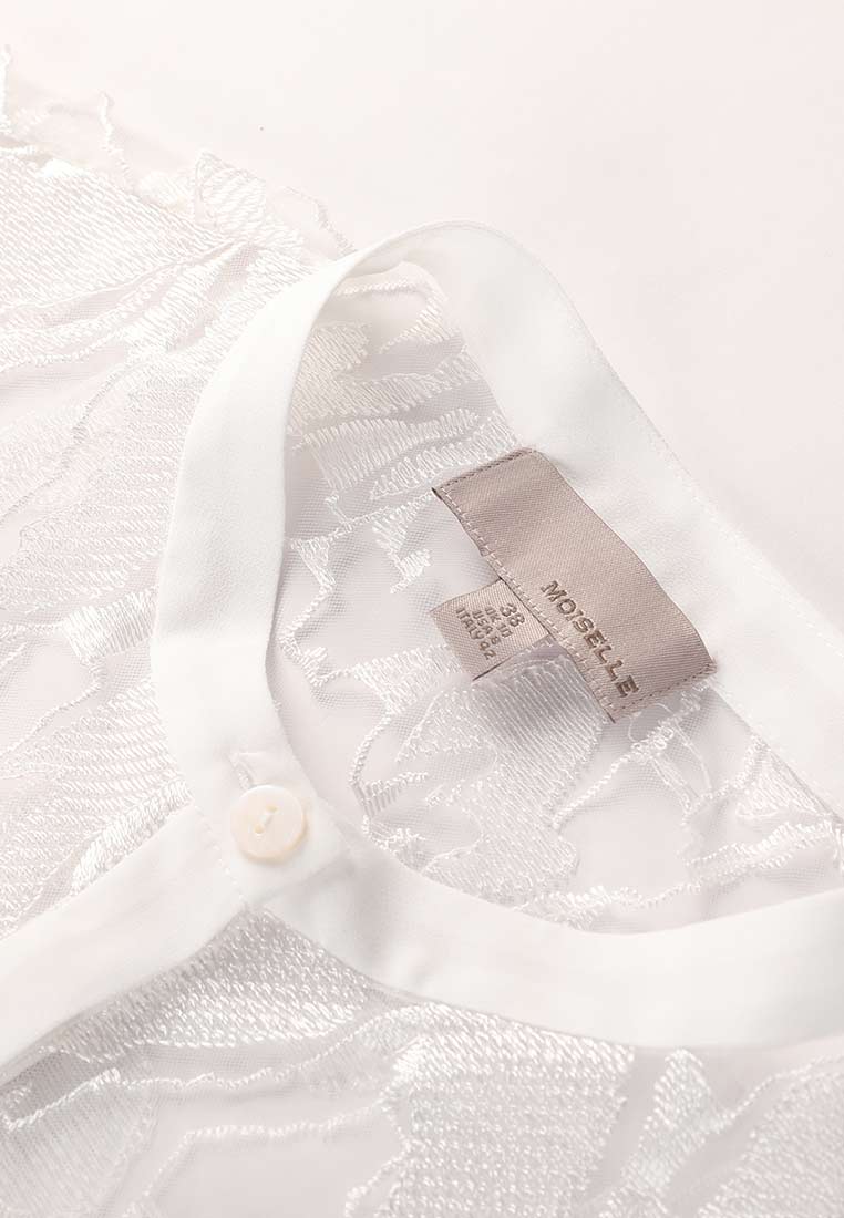 Elegant White Jacquard Lace Mid-Sleeve See-Through Blouse for Women - Perfect for Office Wear, Date Nights & Special Occasions