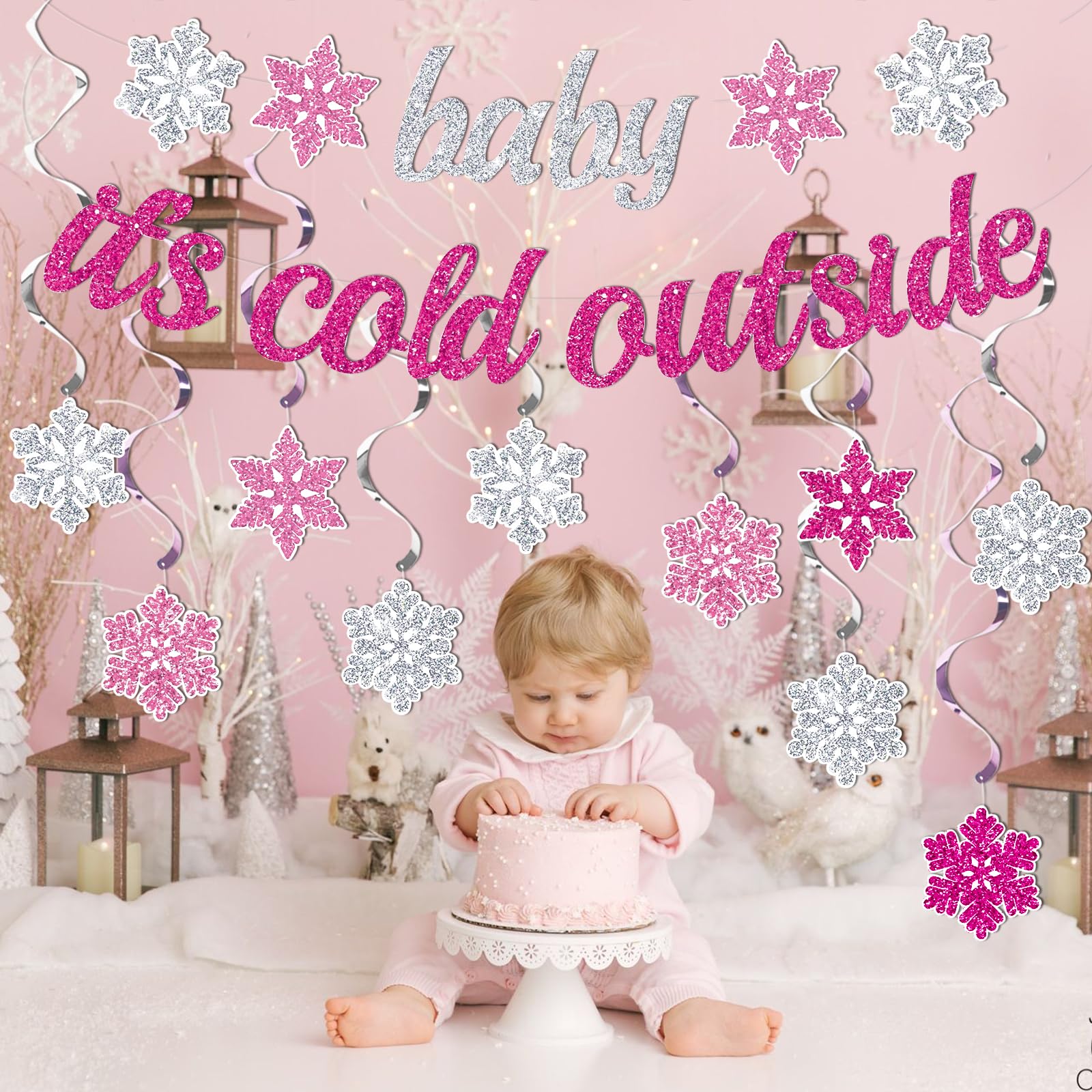 Pink 'Baby It's Cold Outside' Winter Banner - Glitter Silver Snowflake Hanging Decor for Girls Birthday Party, Christmas & Baby Shower Supplies | Festive Seasonal Home & Event Decoration