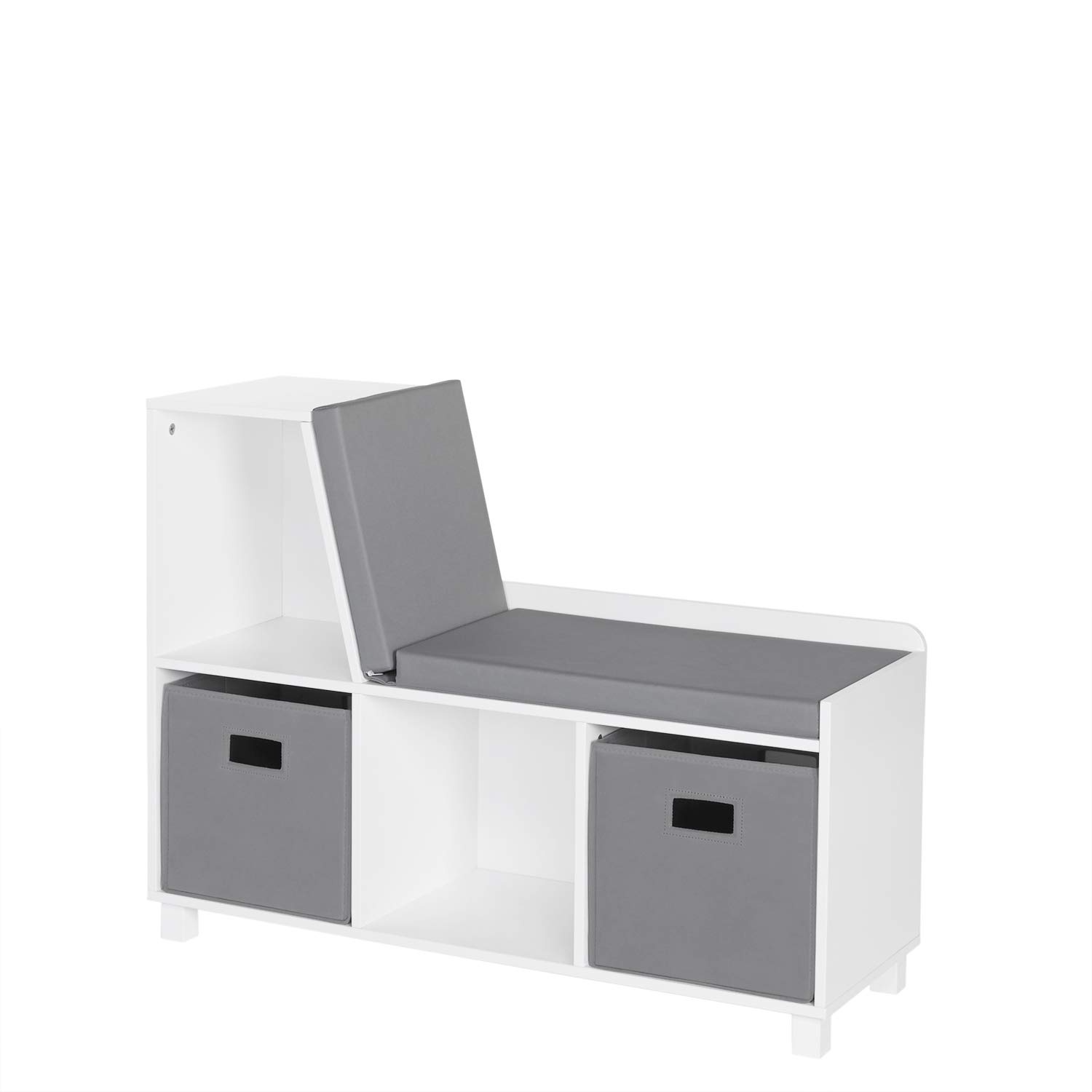 RiverRidge Kids Book Nook Collection - 2-Piece Storage Bench with Gray Bins, White Wooden Bookshelf Organizer for Bedroom & Playroom - Perfect for Toy Storage and Reading Corner