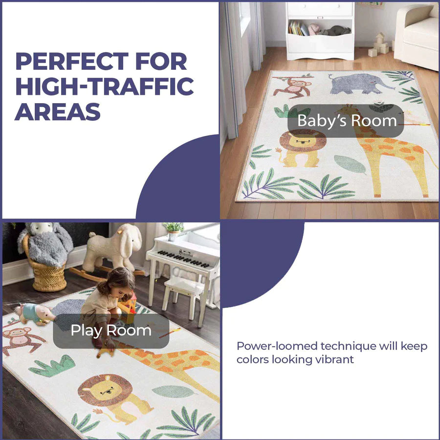 Non-Slip Animal Safari Playroom Rug for Kids - Soft Indoor Play Mat for Nursery, Bedroom & Play Area