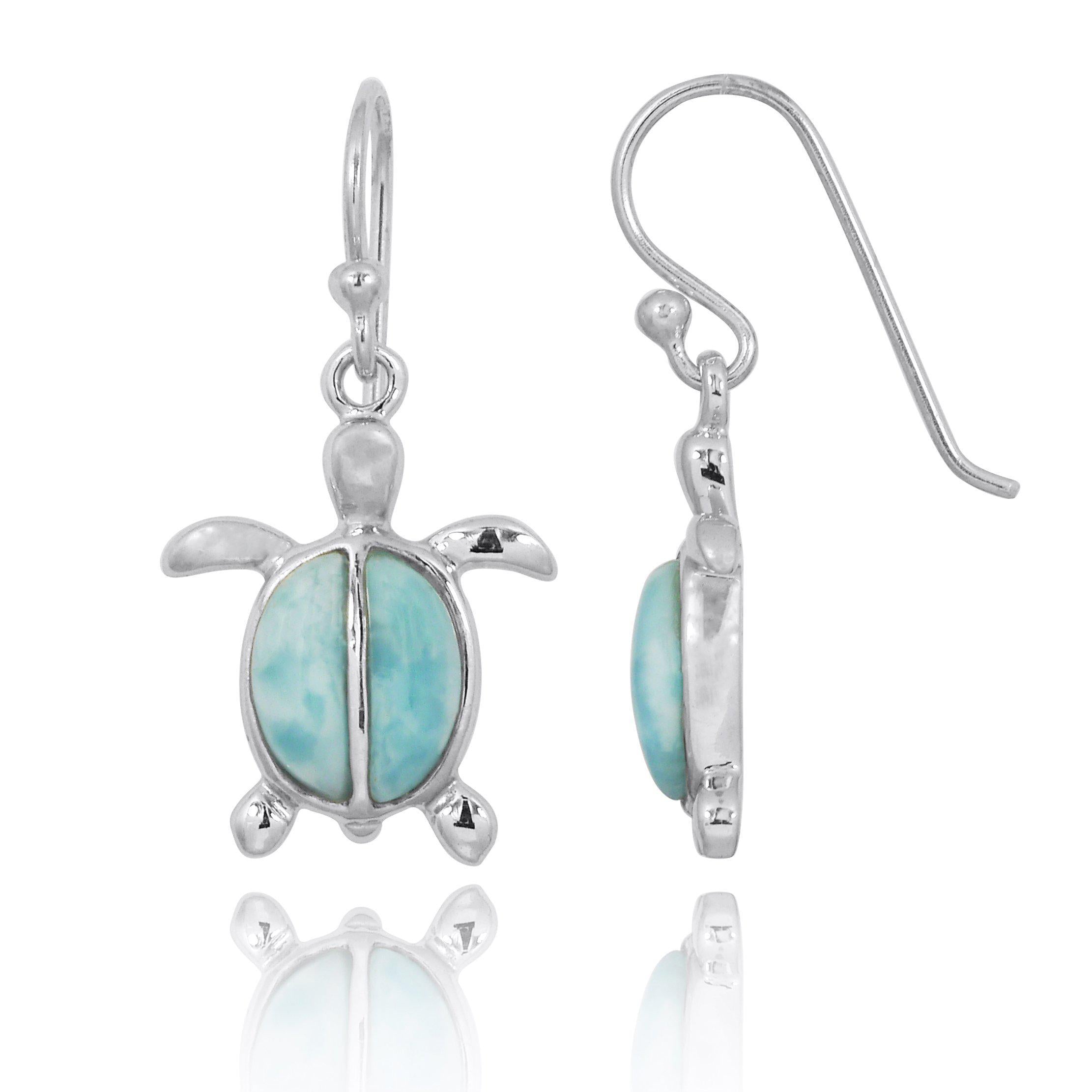 Caribbean Larimar Sea Turtle Stud Earrings - Handmade Sterling Silver Jewelry for Women - Perfect for Beach Vacations & Summer Outfits