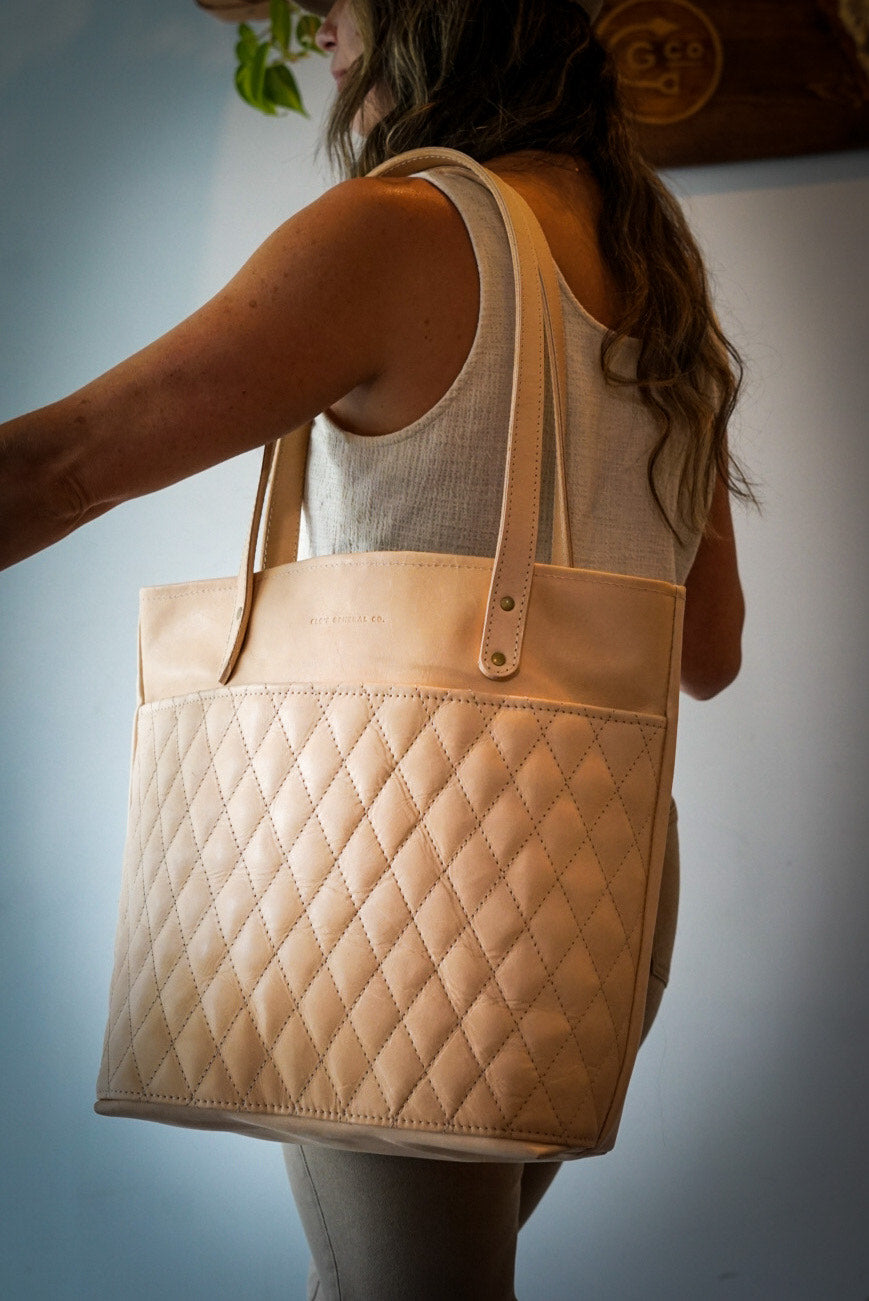Premium Vegan Leather Tote Bag with Diamond Stitch - Natural Vegetable Tan - Stylish & Durable Women's Handbag for Work, Travel & Shopping