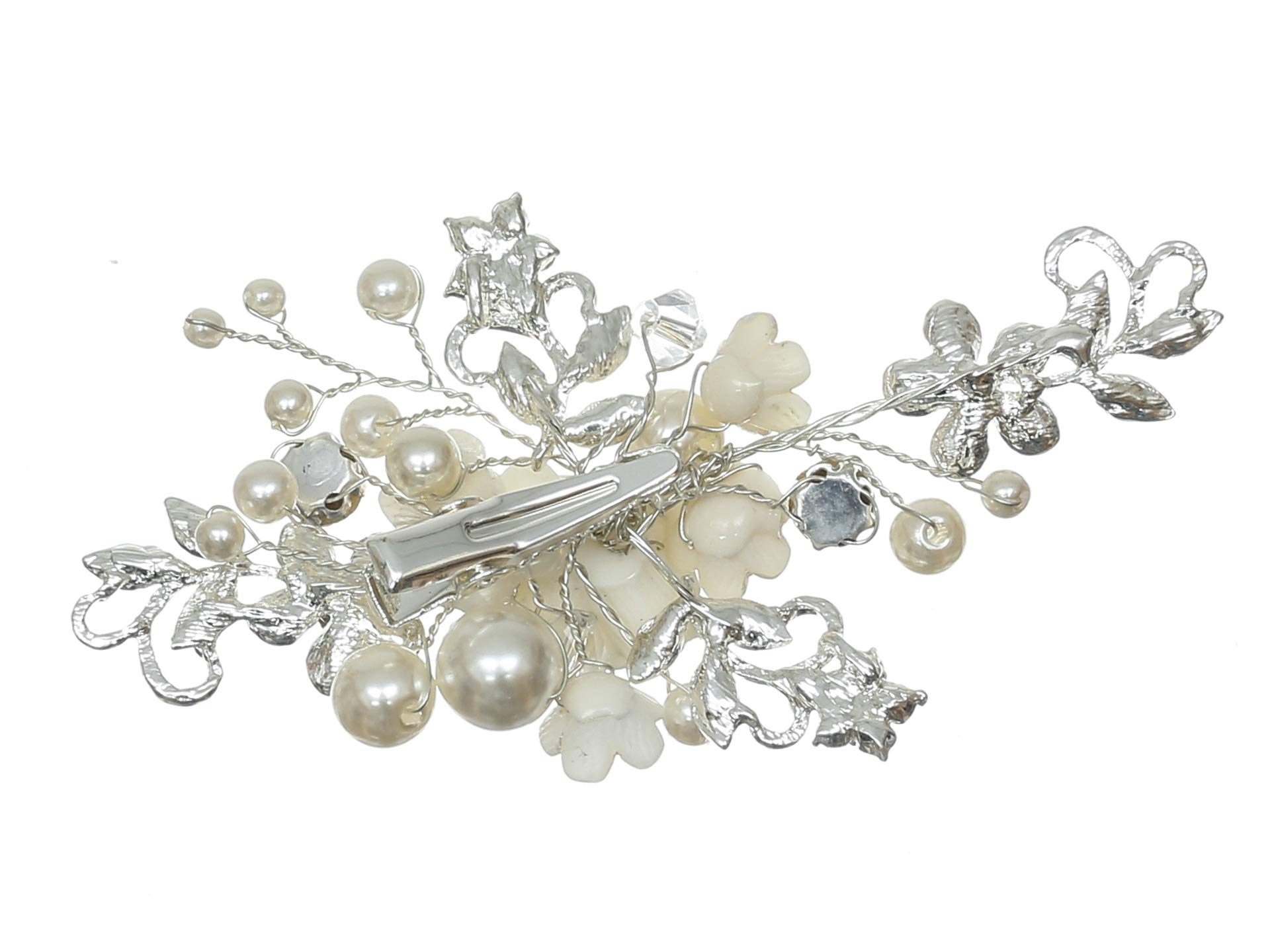 SAMKY Handmade White Pearl Crystal Flower Hair Clips - Silver T1212 | Elegant Hair Accessories for Weddings, Parties & Everyday Wear