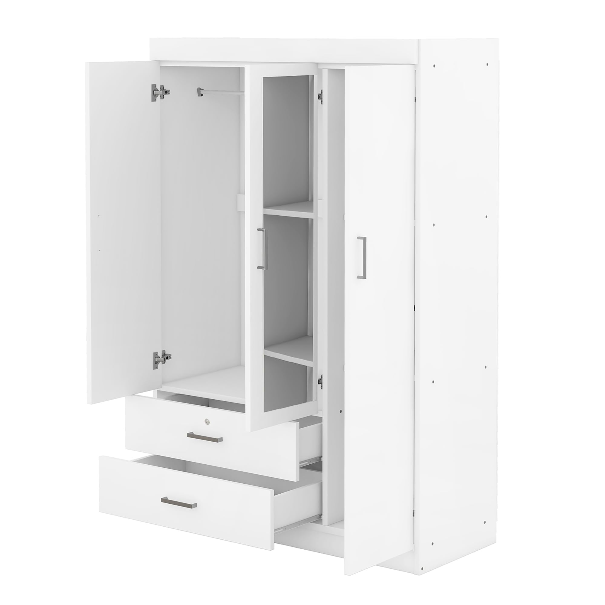 White Wooden Armoire Wardrobe with Mirror - 3 Door Closet with 2 Drawers for Bedroom Storage, Teen & Adult Clothes Organizer | Perfect for Master Bedroom, Guest Room or Dormitory Organization