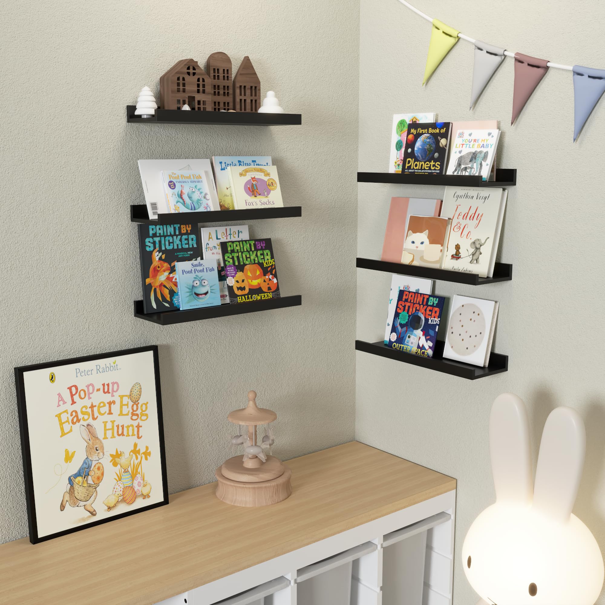 6-Pack Black Floating Shelves with Lip - Modern Wall Shelves for Living Room, Bedroom, Bathroom - Perfect for Displaying Pictures, Books, Plants & Home Decor - Sturdy Wall Mounted Shelving Solution
