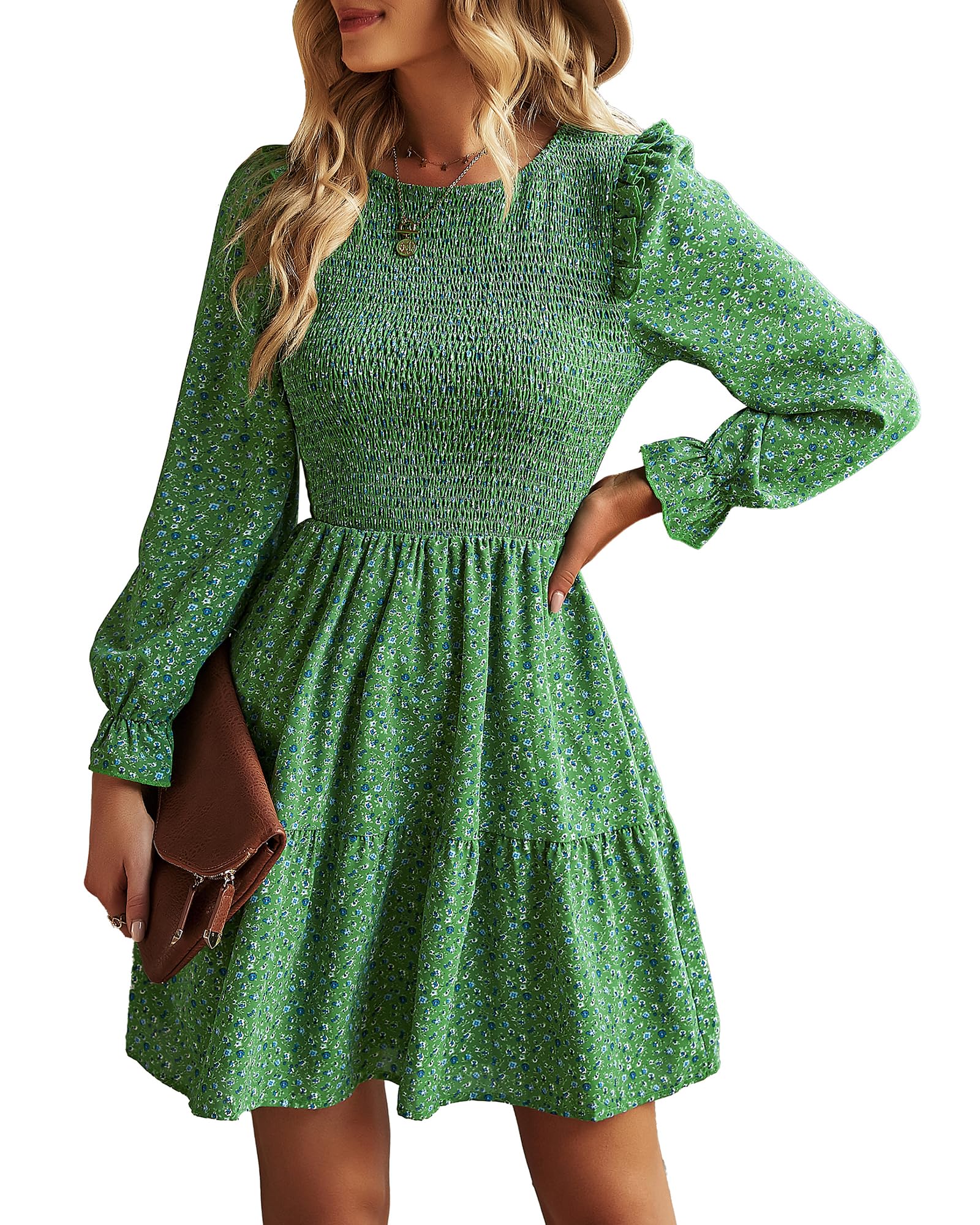 KIRUNDO Women's Floral Smocked Long Sleeve Ruffle A-Line Mini Dress - Spring Summer Party Dress 2025 | Flowy Cocktail Dress for Weddings, Garden Parties & Date Nights